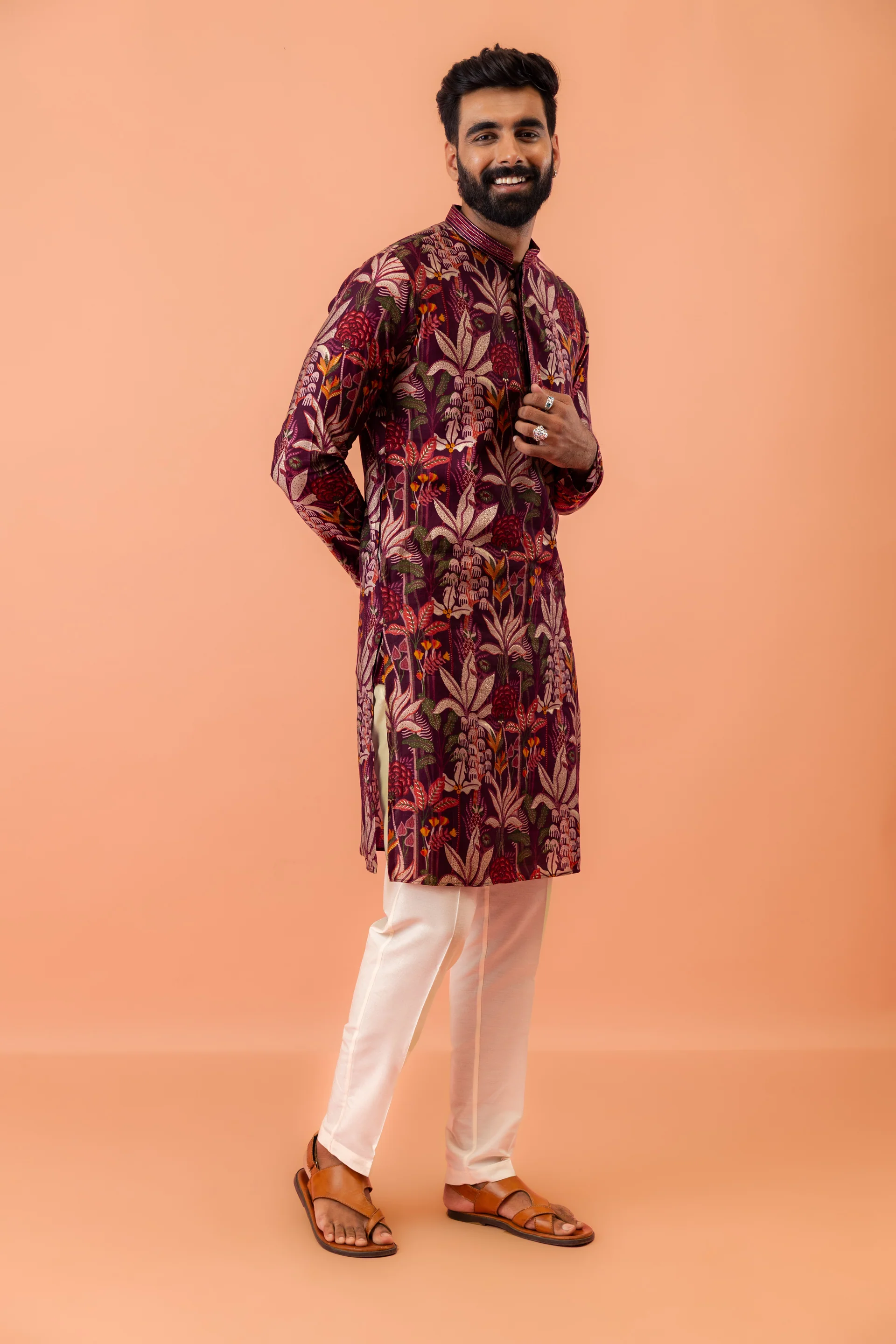 Maroon Silk Blend Kurta with Multicolor Floral Prints and Mandarin Collar - Image 5