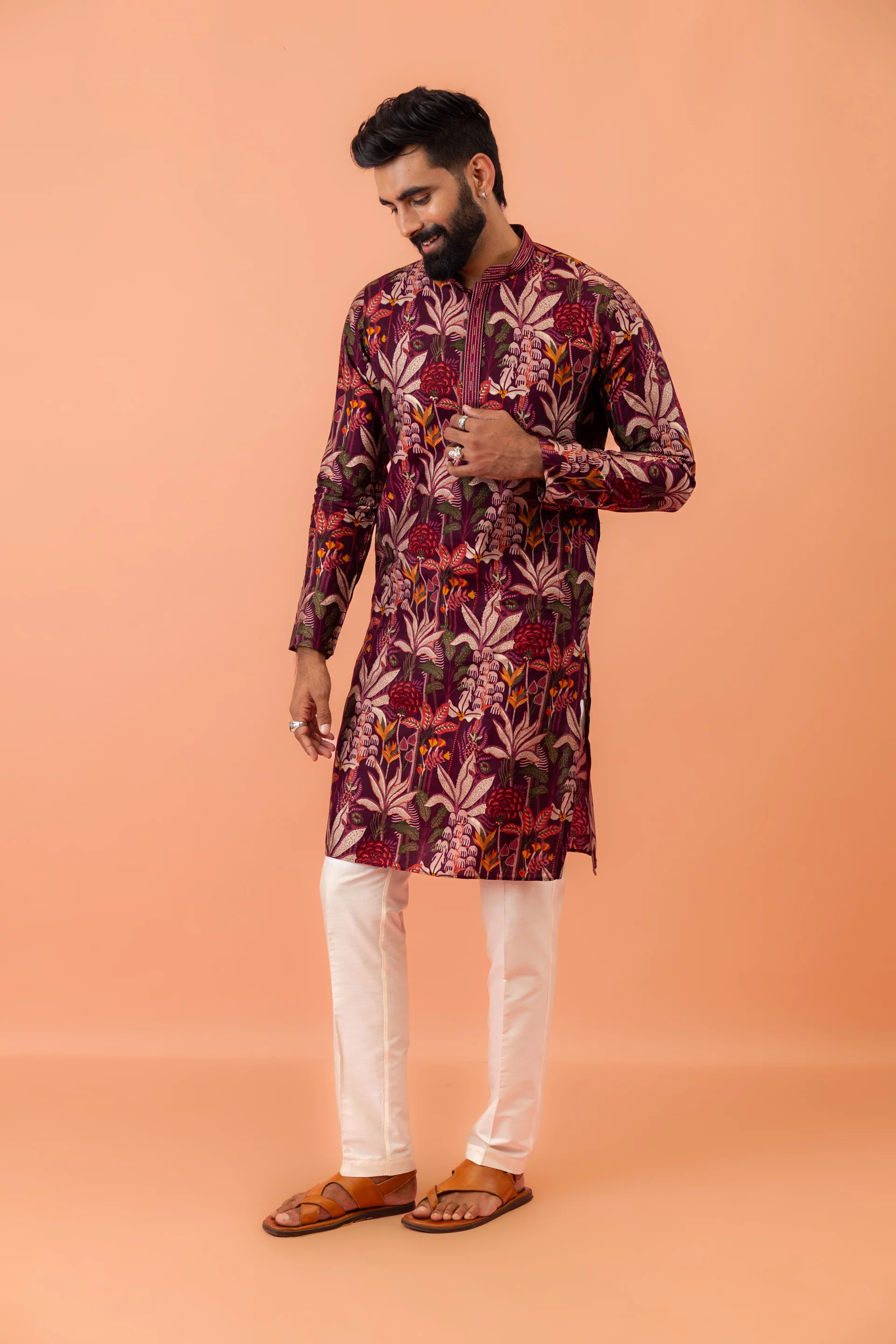 Maroon Silk Blend Kurta with Multicolor Floral Prints and Mandarin Collar - Image 9