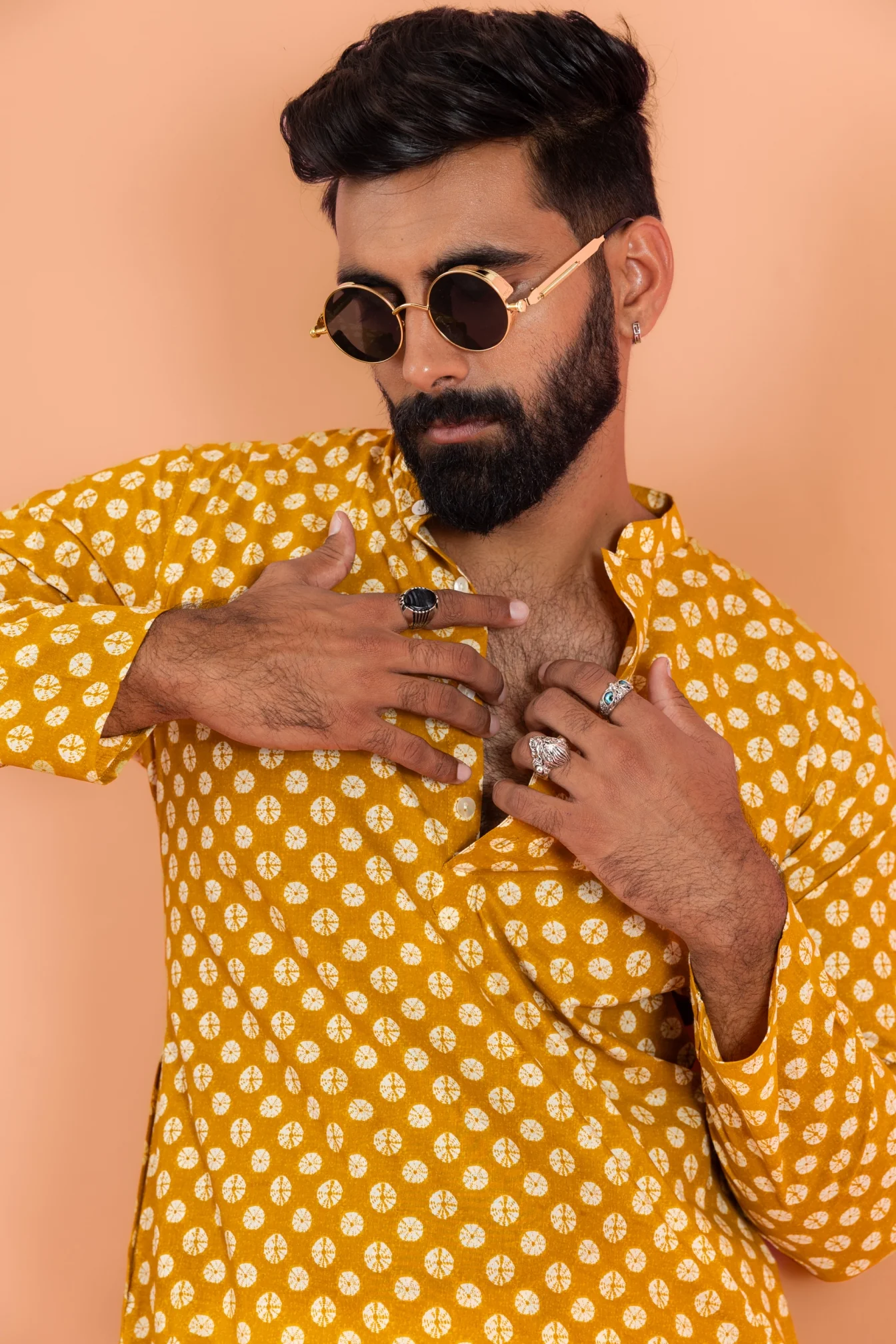 Men Mustard Tie & Dye Printed Kurta - Image 6