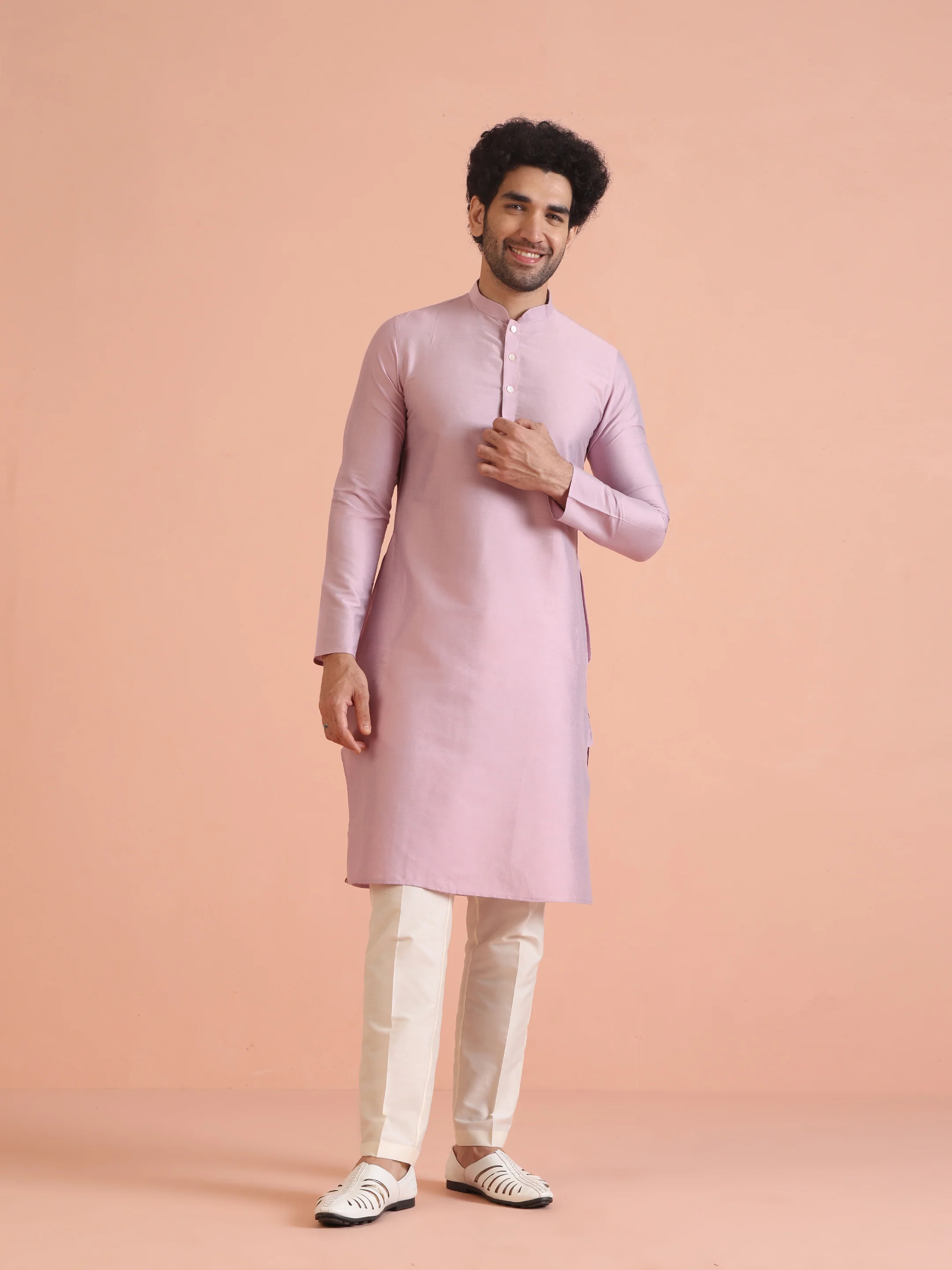 Light Pink Cotton Silk Plain Kurta - Image 2