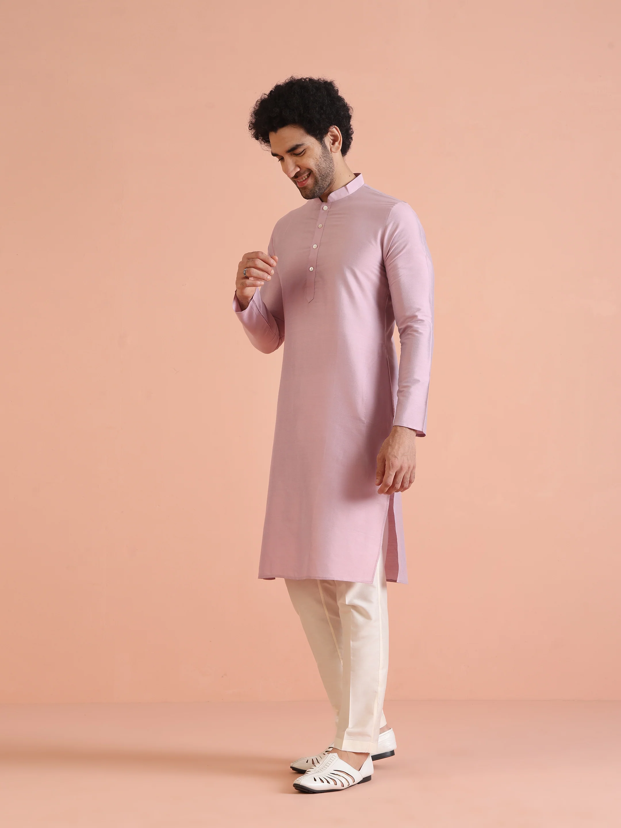 Light Pink Cotton Silk Plain Kurta - Image 3