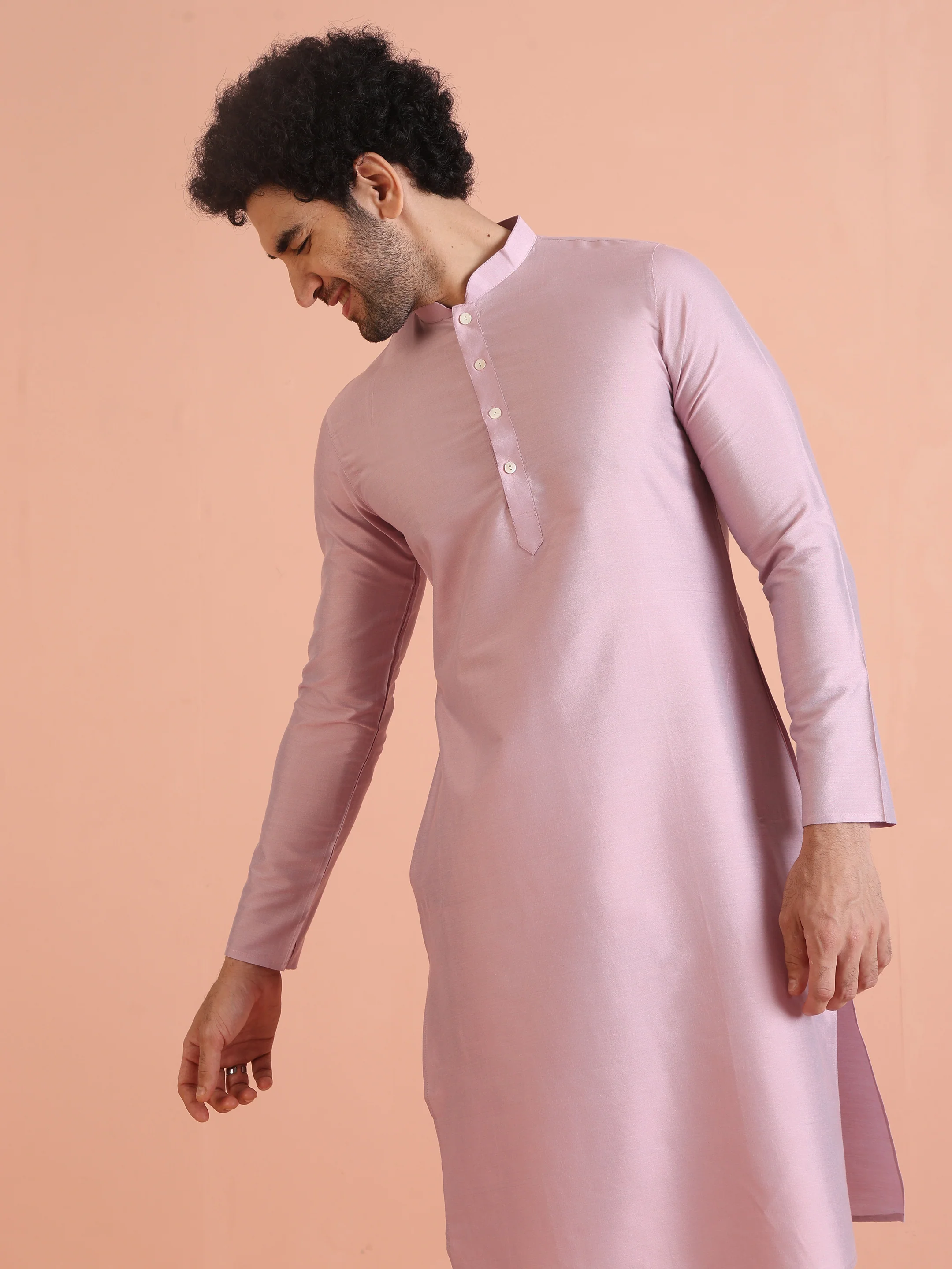 Light Pink Cotton Silk Plain Kurta - Image 6
