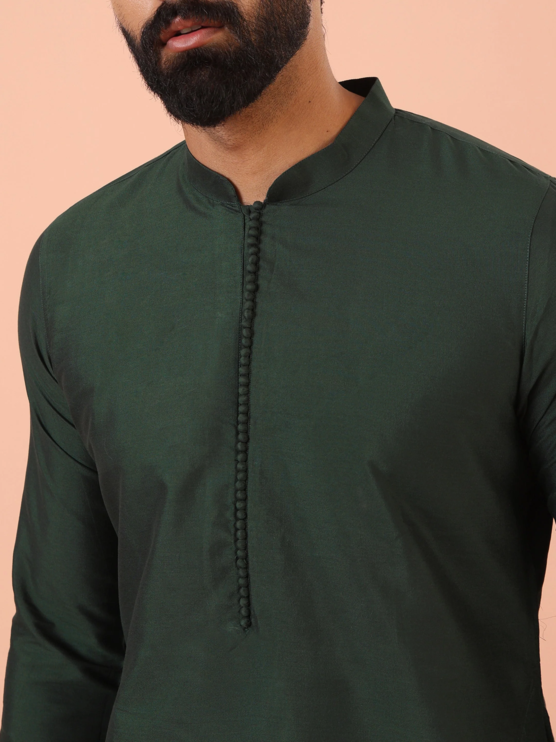 Men’s Dark Green Classic Straight Kurta with Mandarin Collar – Festive Ethnic Wear - Image 3