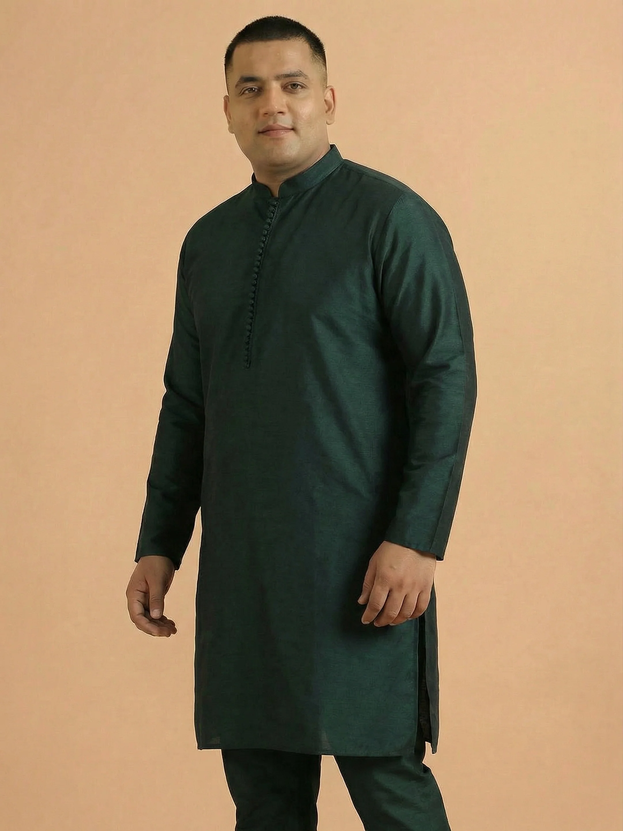 Men’s Dark Green Classic Straight Kurta with Mandarin Collar – Festive Ethnic Wear - Image 4