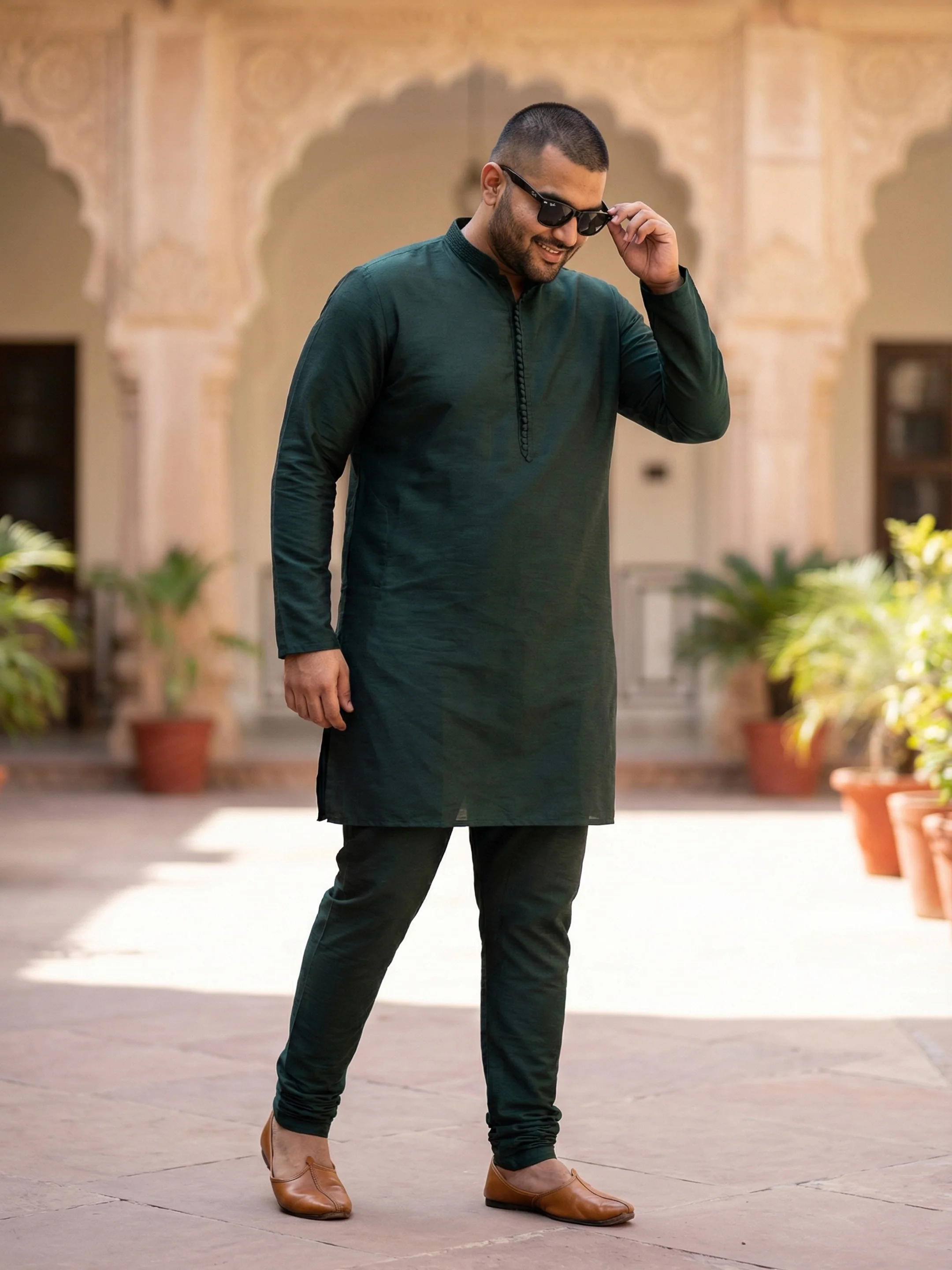 Men’s Dark Green Classic Straight Kurta with Mandarin Collar – Festive Ethnic Wear - Image 5