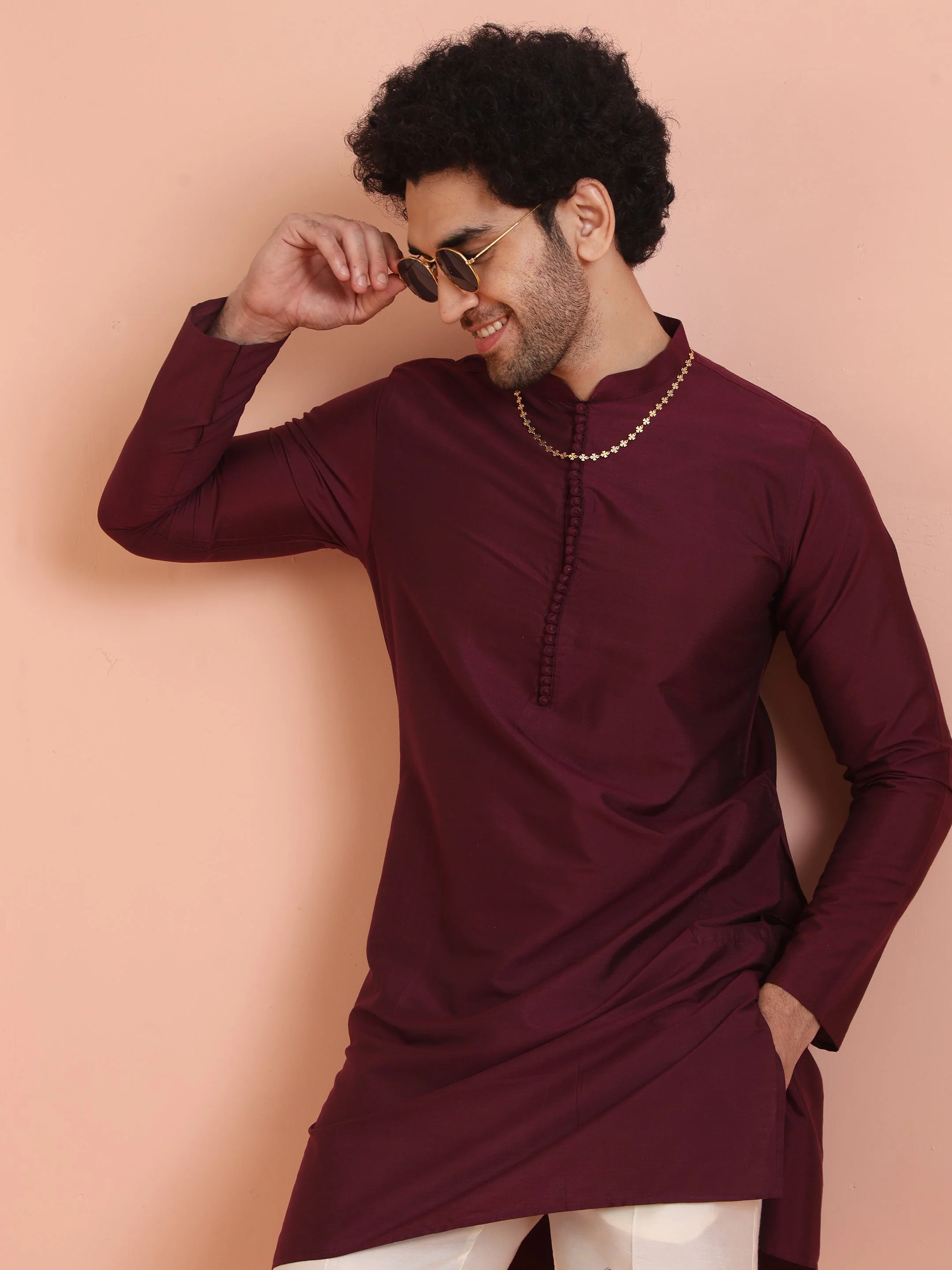 Men’s Maroon Solid Kurta Set with Cream Trouser – Elegant Festive Ethnic Wear - Image 6