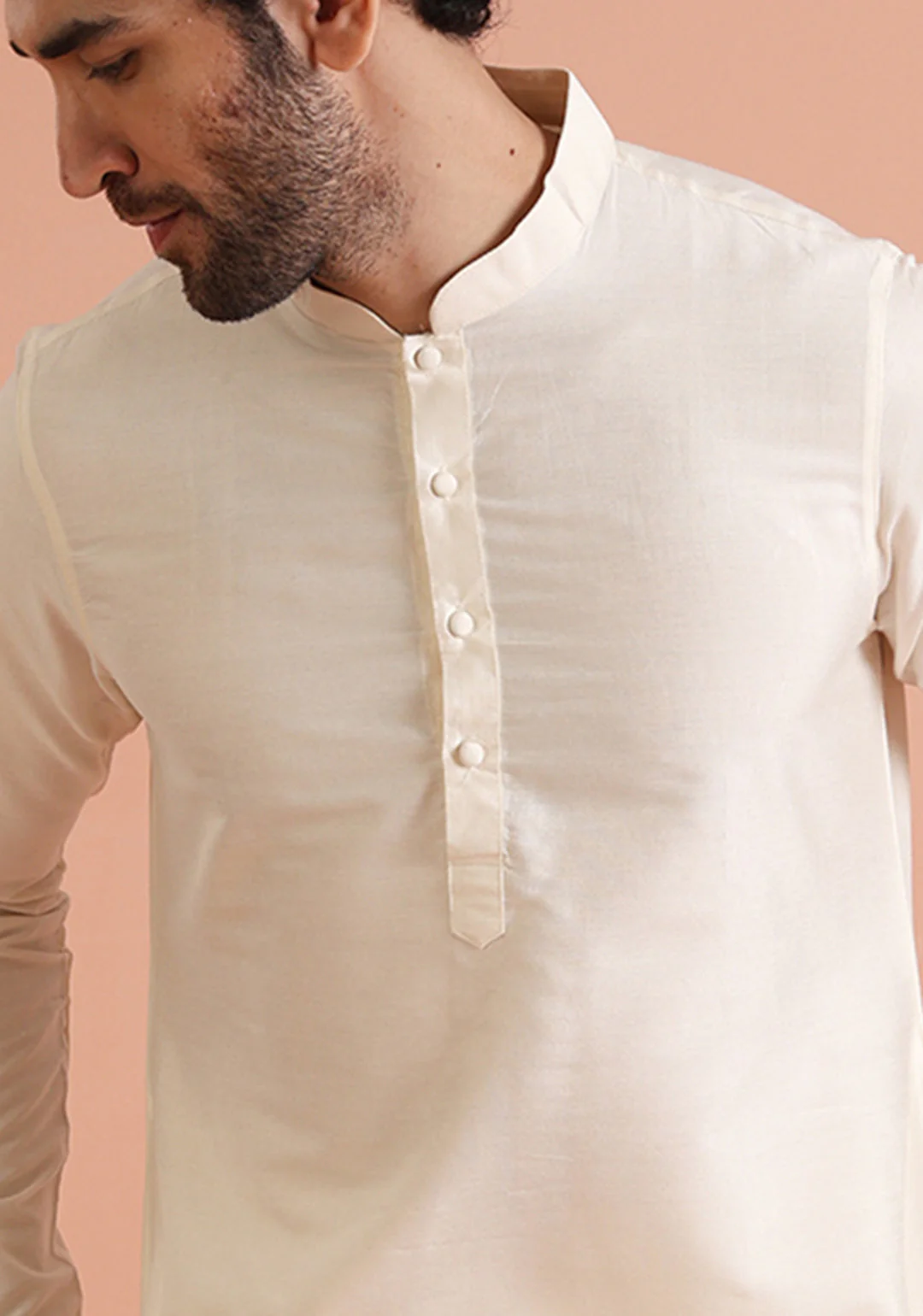 Men's Cream Silk Blend Solid Long Kurta - Image 3