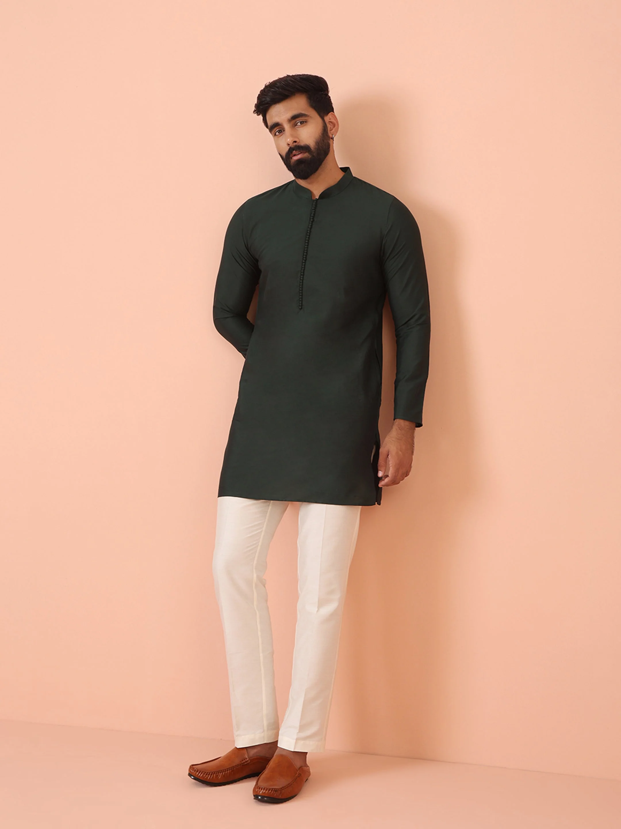 Men's Green Silk Blend Solid Mid Kurta with Trouser - Image 7