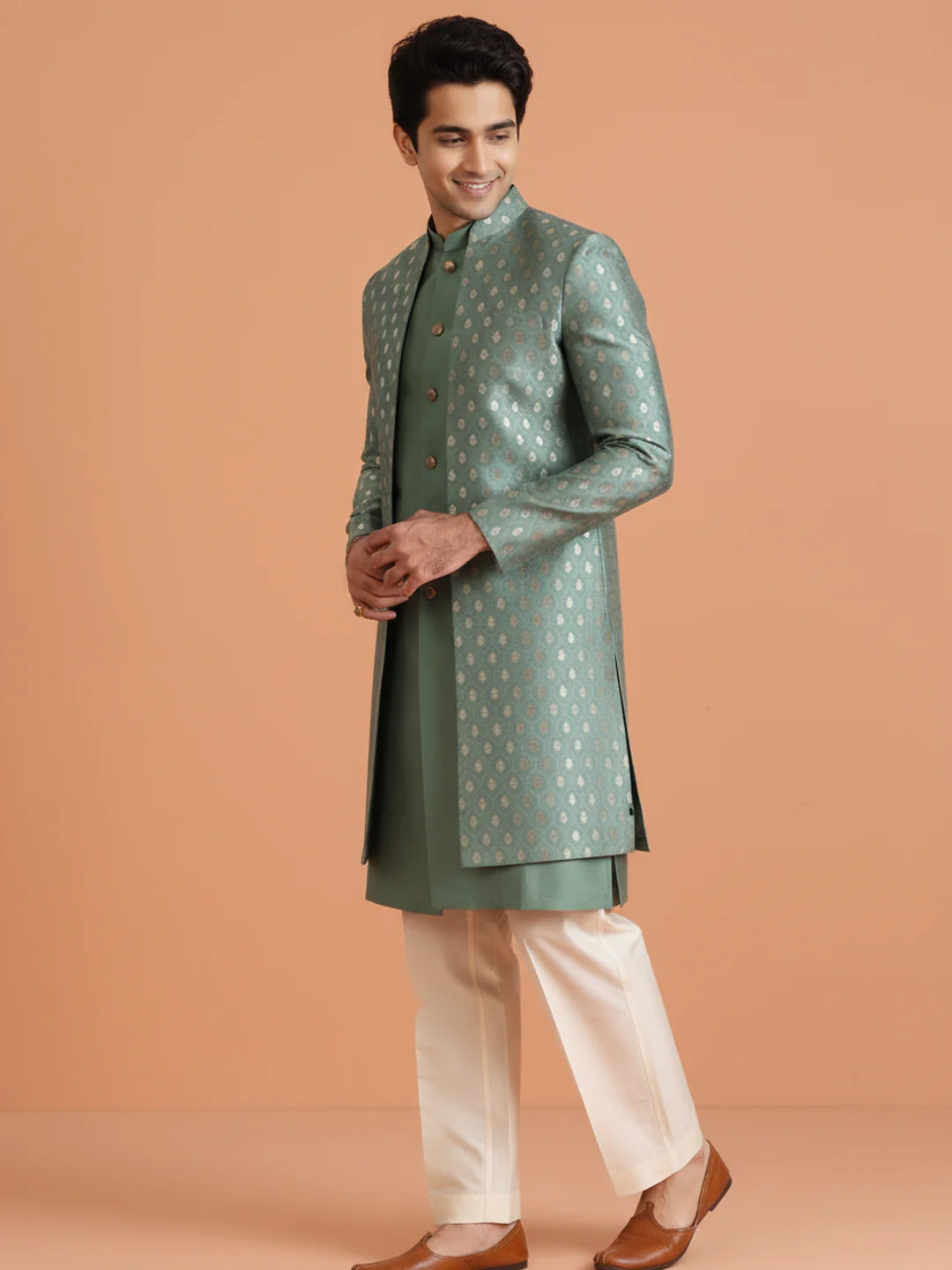 Mint Green Front-Open Sherwani Set - Image 6