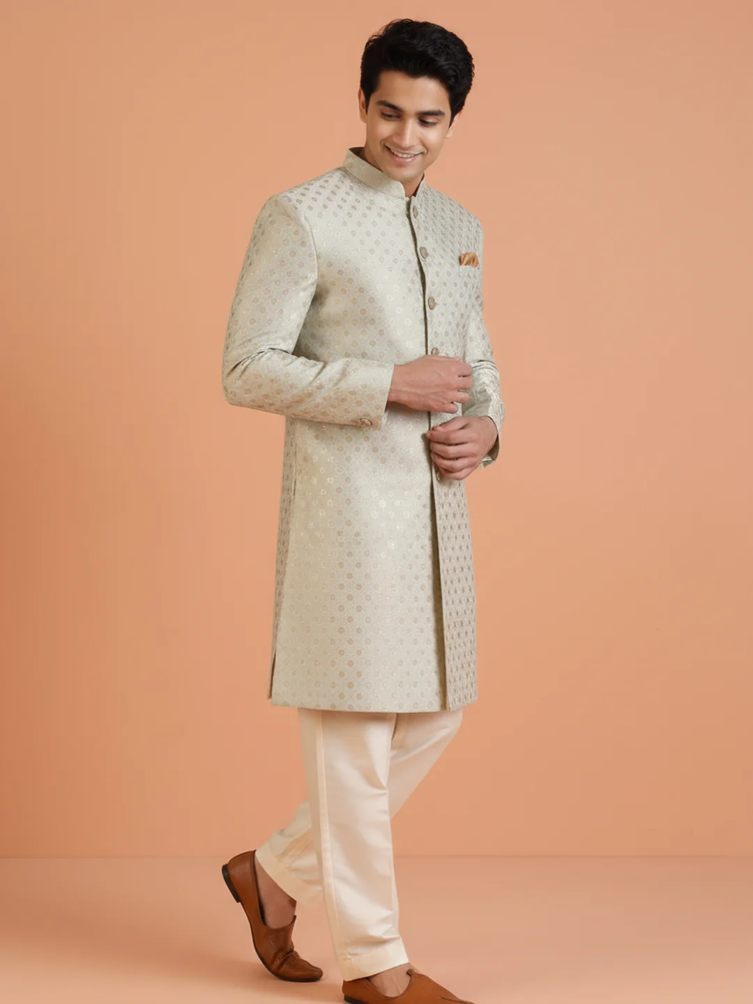 Mint Green Jacquard Sherwani Trouser Set - Image 5