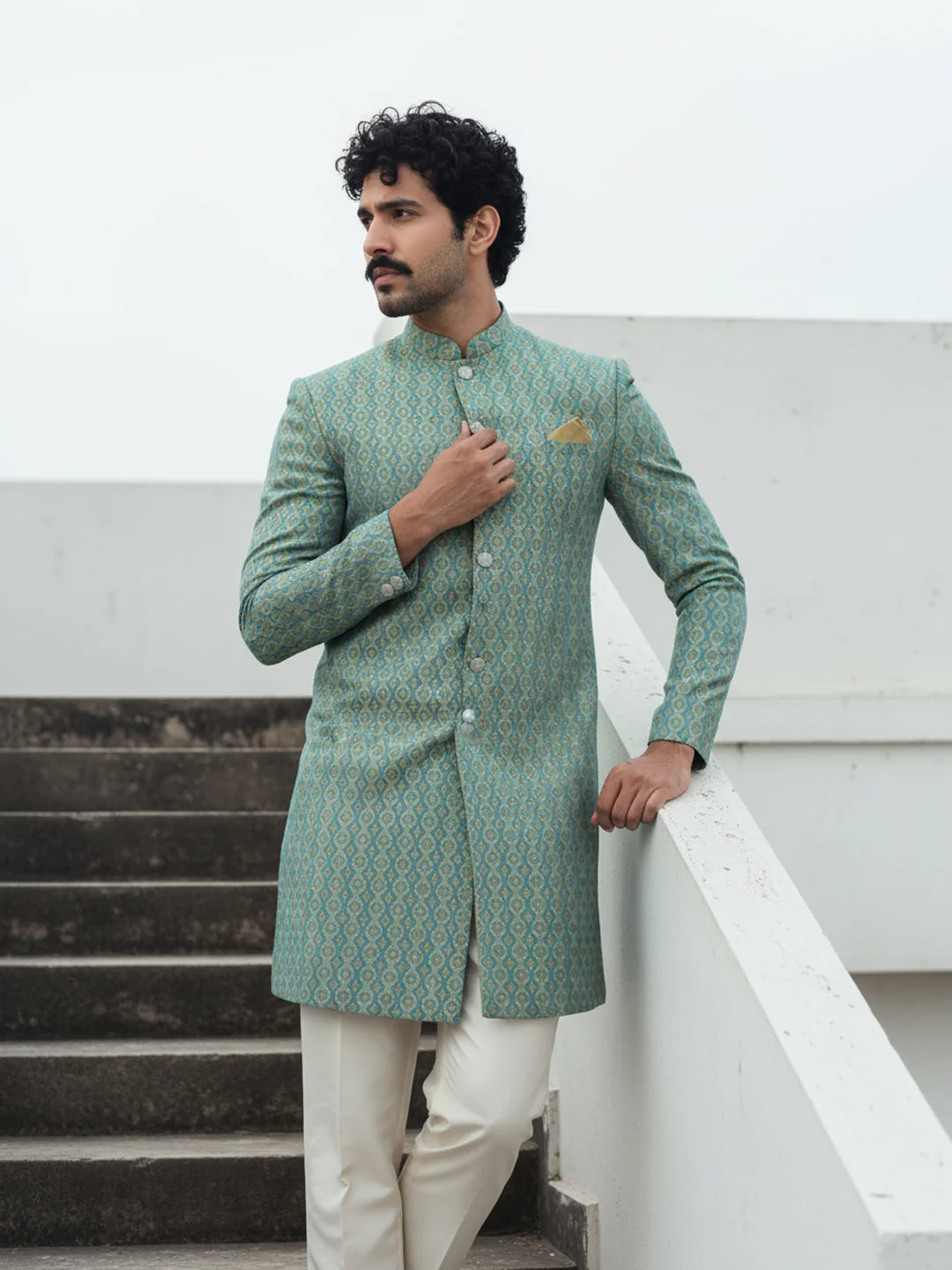 Mint Green Jacquard Sherwani Trouser Set - Image 2