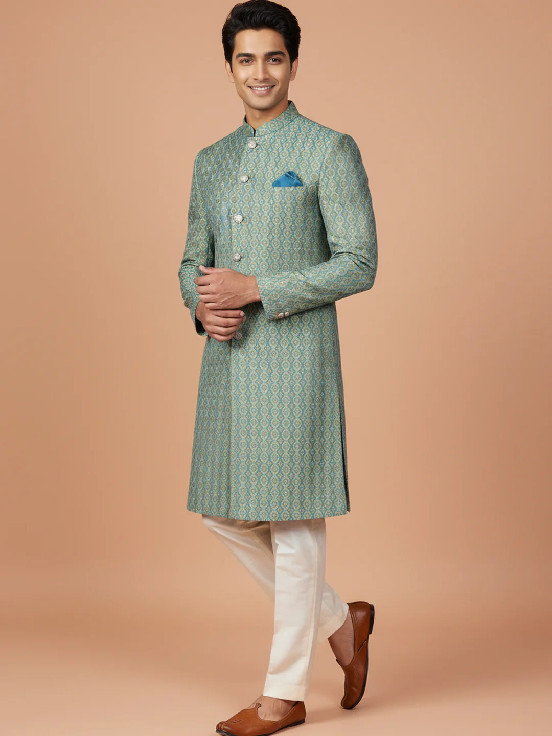 Mint Green Jacquard Sherwani Trouser Set - Image 3