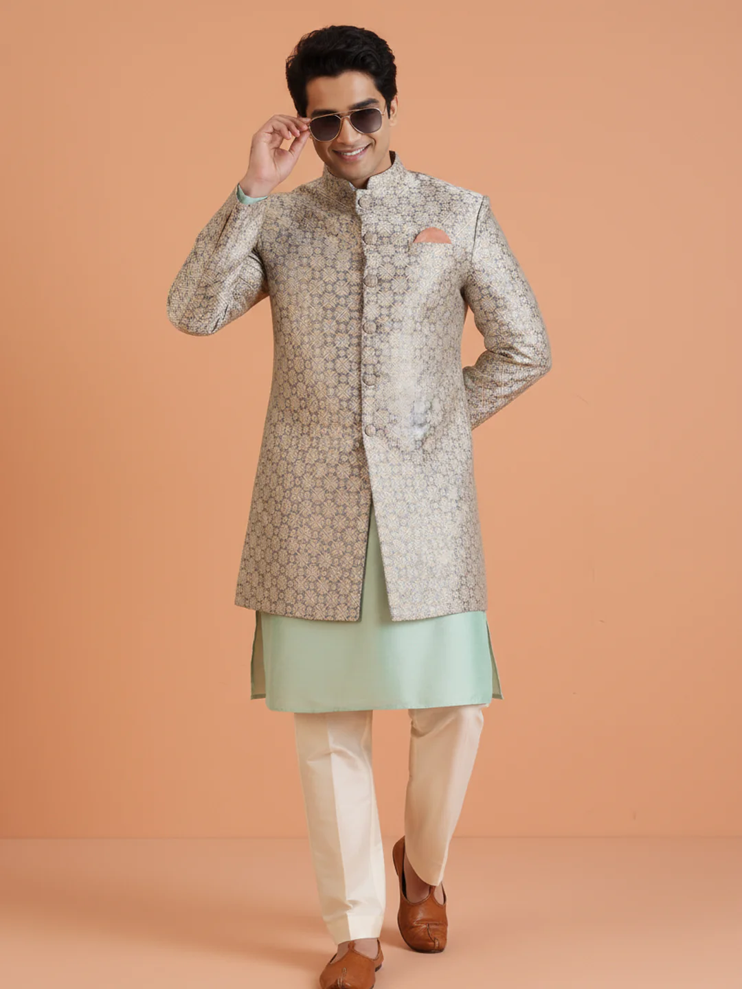 Mint Green Kurta Ivory Sherwani Trouser Set