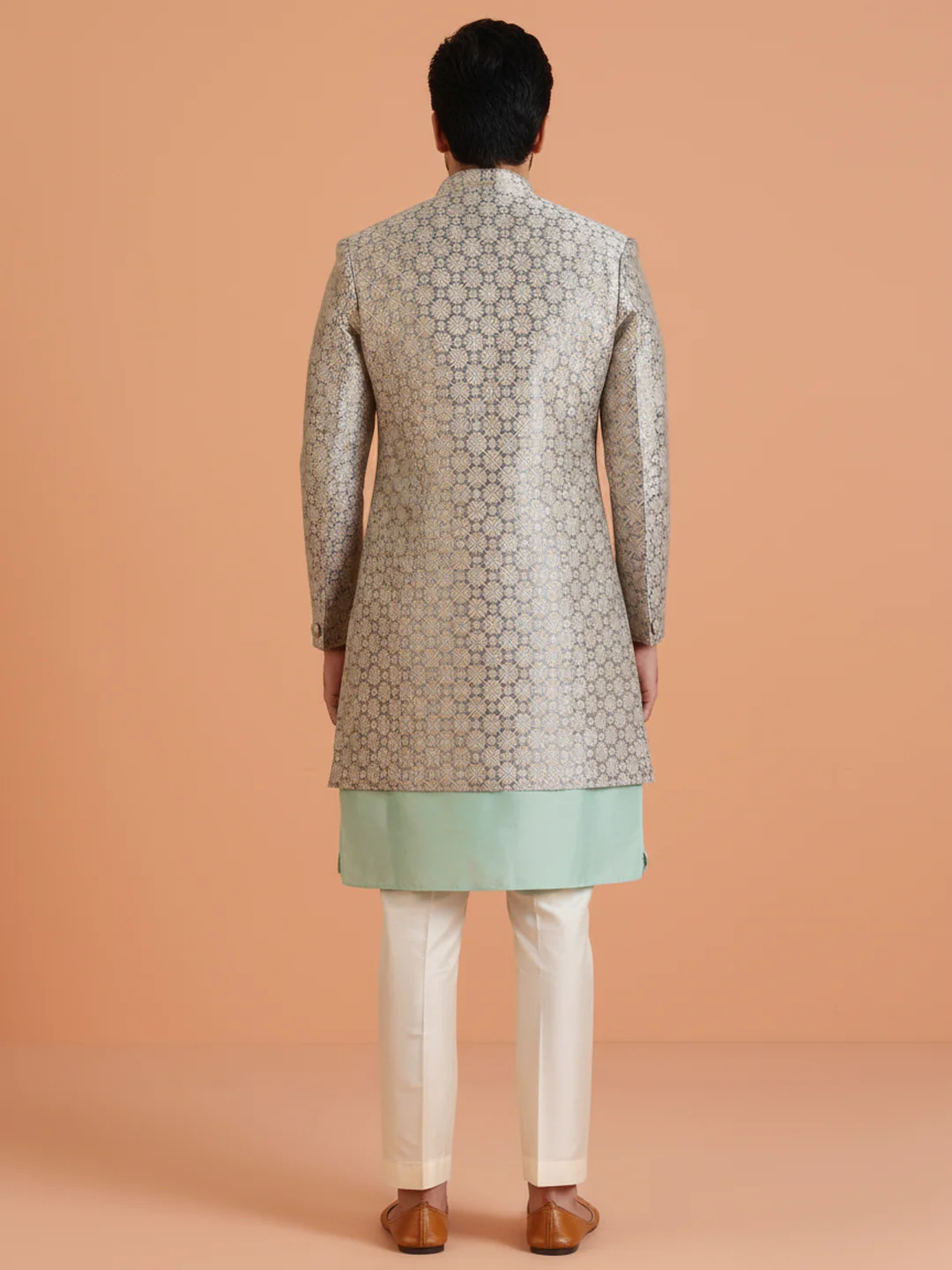 Mint Green Kurta Ivory Sherwani Trouser Set - Image 4