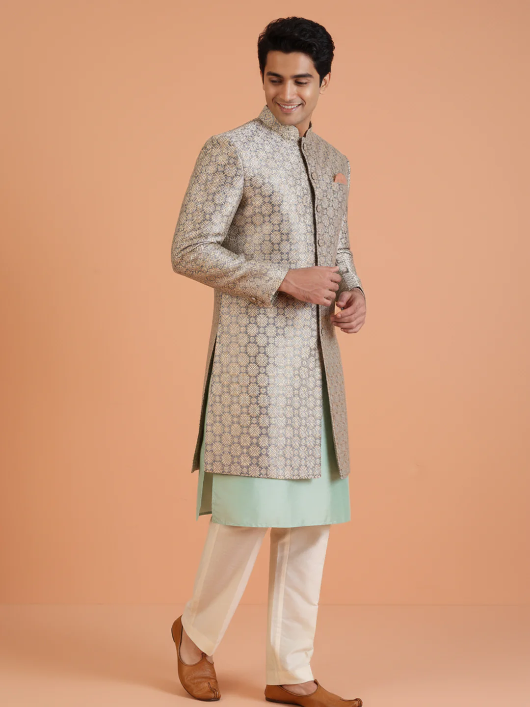 Mint Green Kurta Ivory Sherwani Trouser Set - Image 7