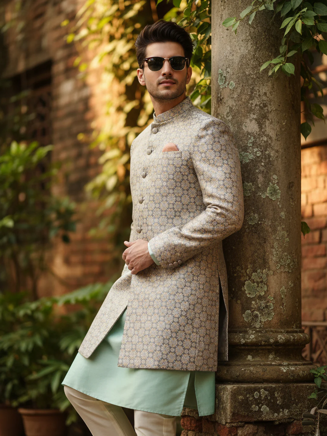 Mint Green Kurta Ivory Sherwani Trouser Set - Image 8