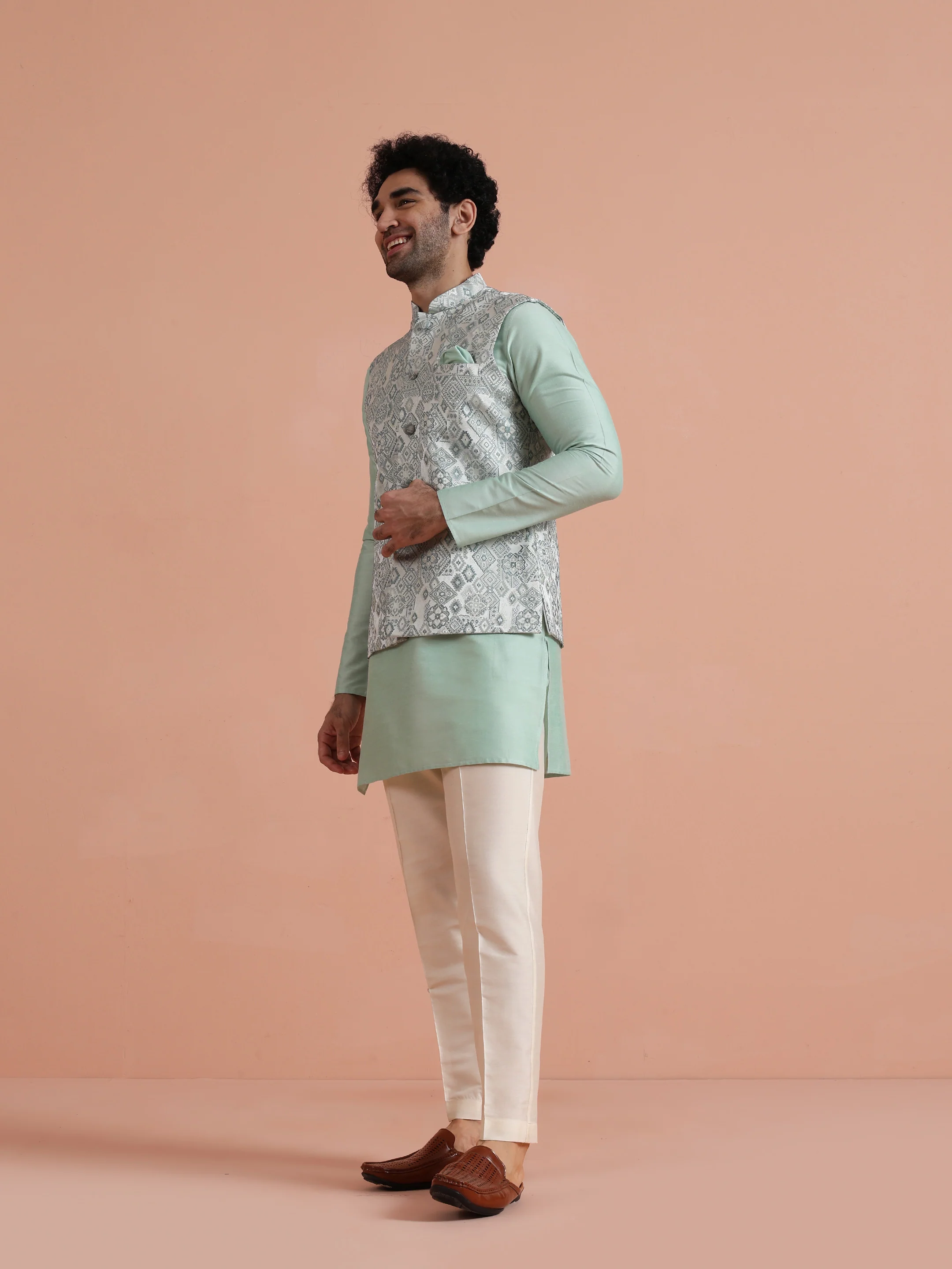 Mint Green Printed Nehru Jacket â€“ Traditional Sleeveless Ethnic Waistcoat - Image 3