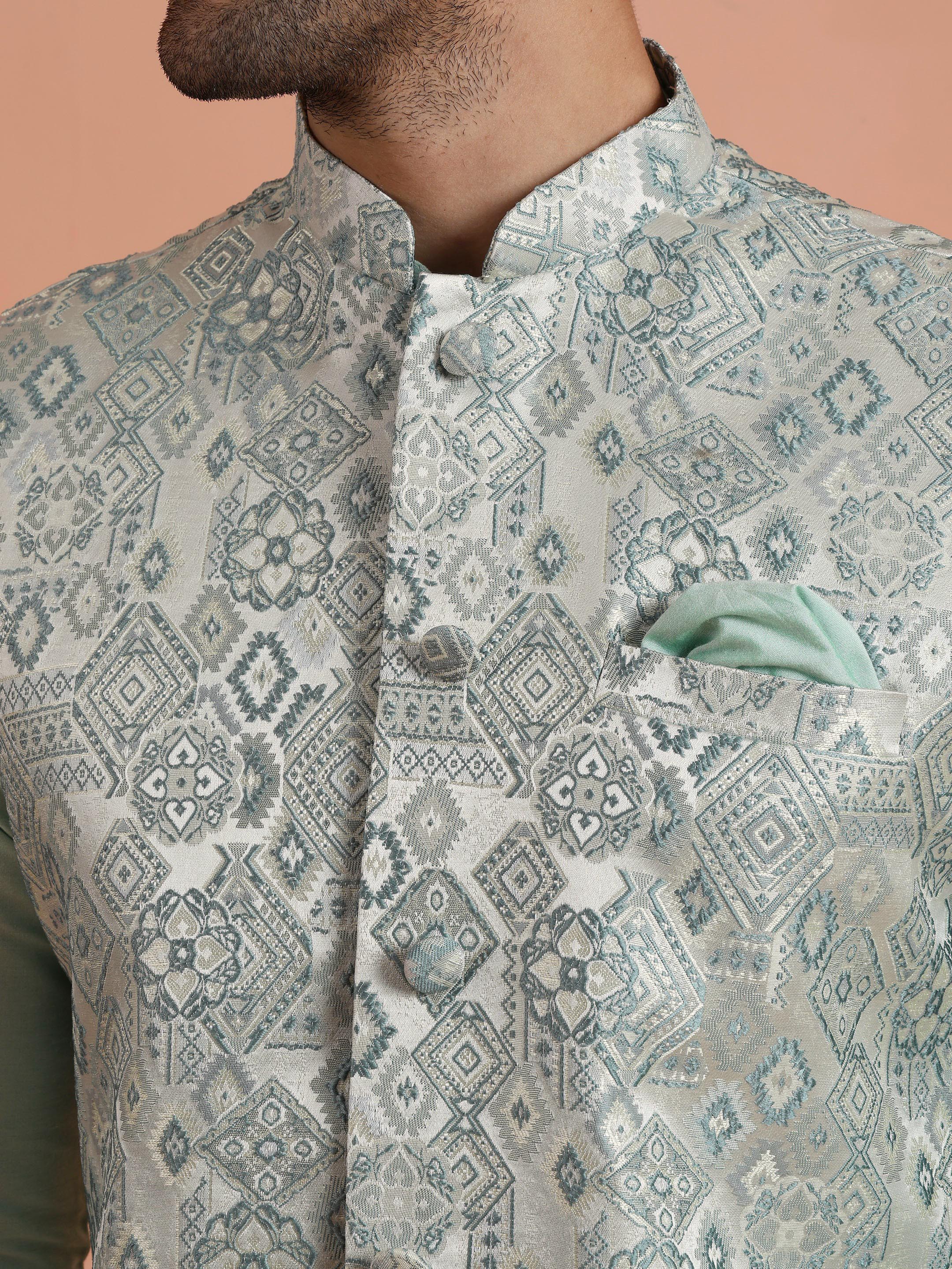 Mint Green Printed Nehru Jacket â€“ Traditional Sleeveless Ethnic Waistcoat - Image 5