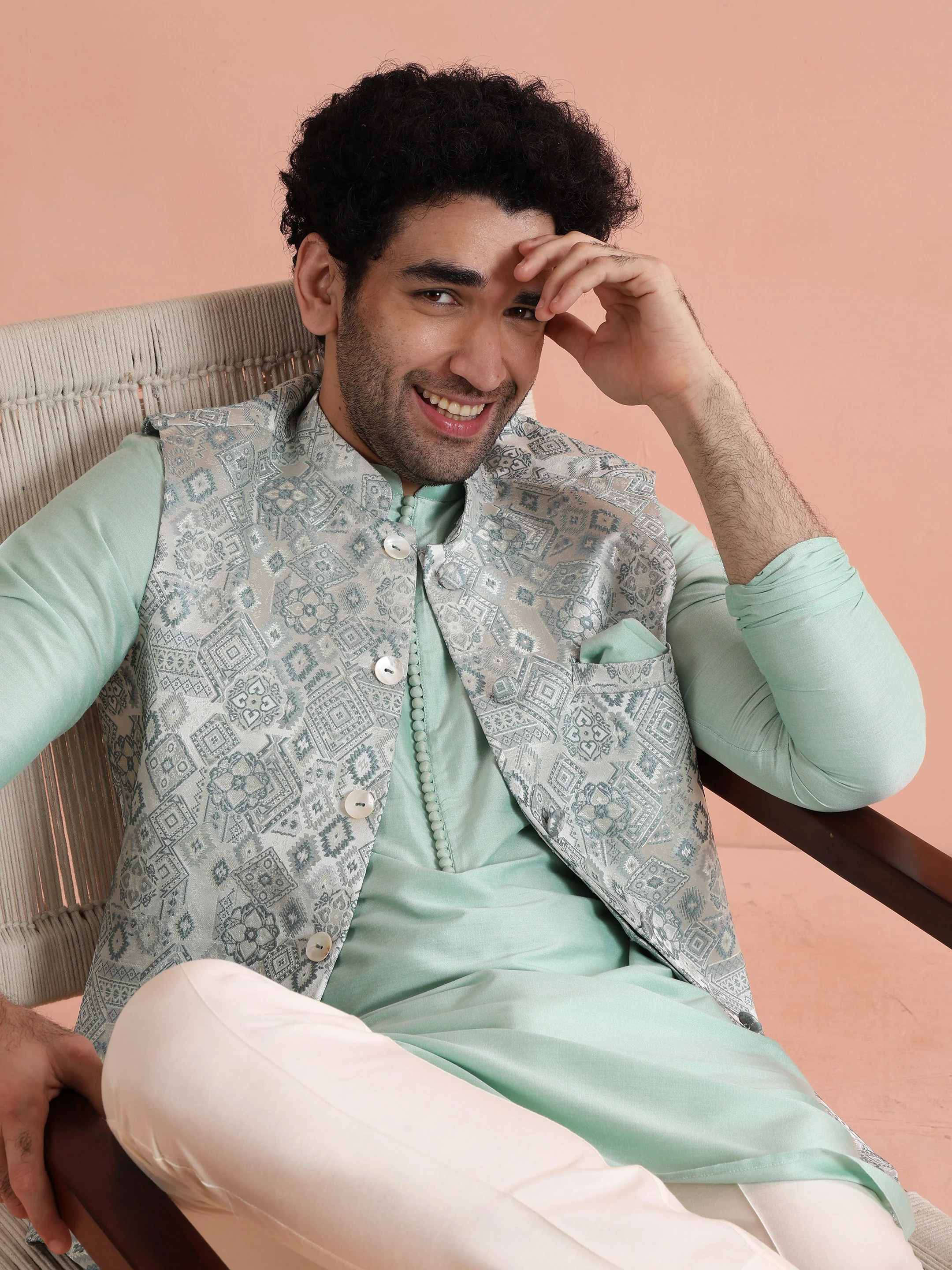 Mint Green Printed Nehru Jacket â€“ Traditional Sleeveless Ethnic Waistcoat - Image 6