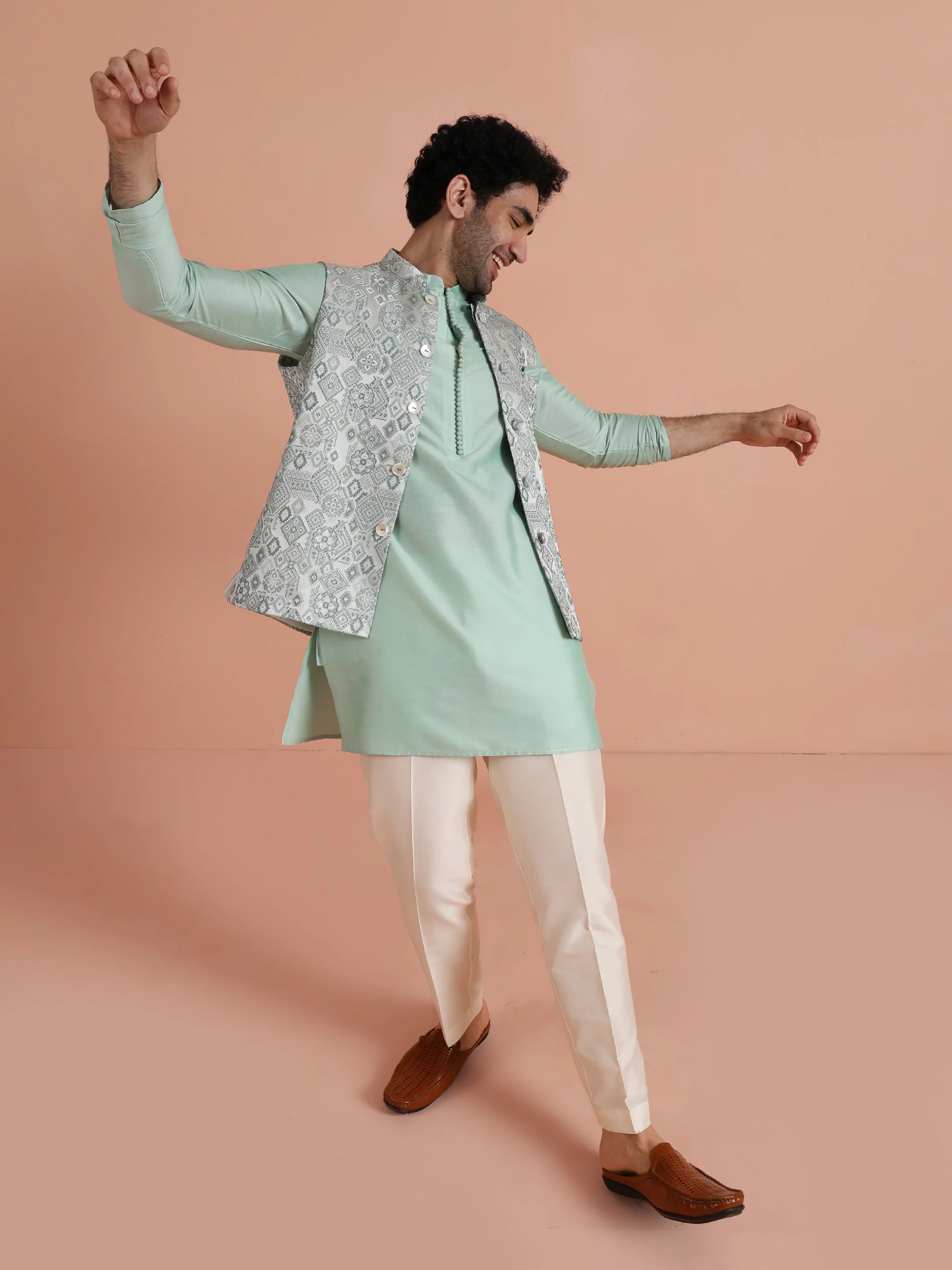 Mint Green Printed Nehru Jacket â€“ Traditional Sleeveless Ethnic Waistcoat - Image 7