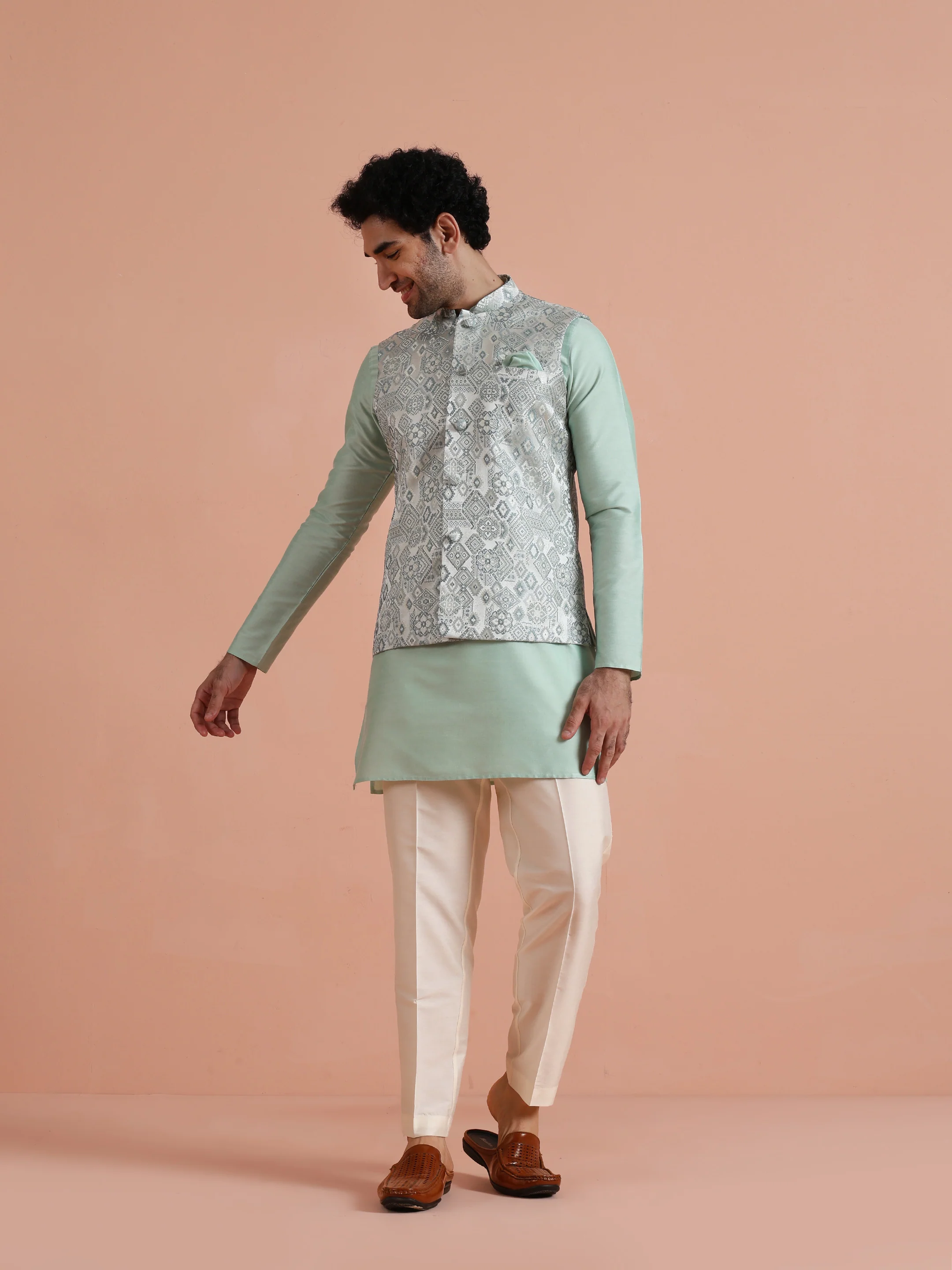 Mint Green Printed Nehru Jacket â€“ Traditional Sleeveless Ethnic Waistcoat - Image 8