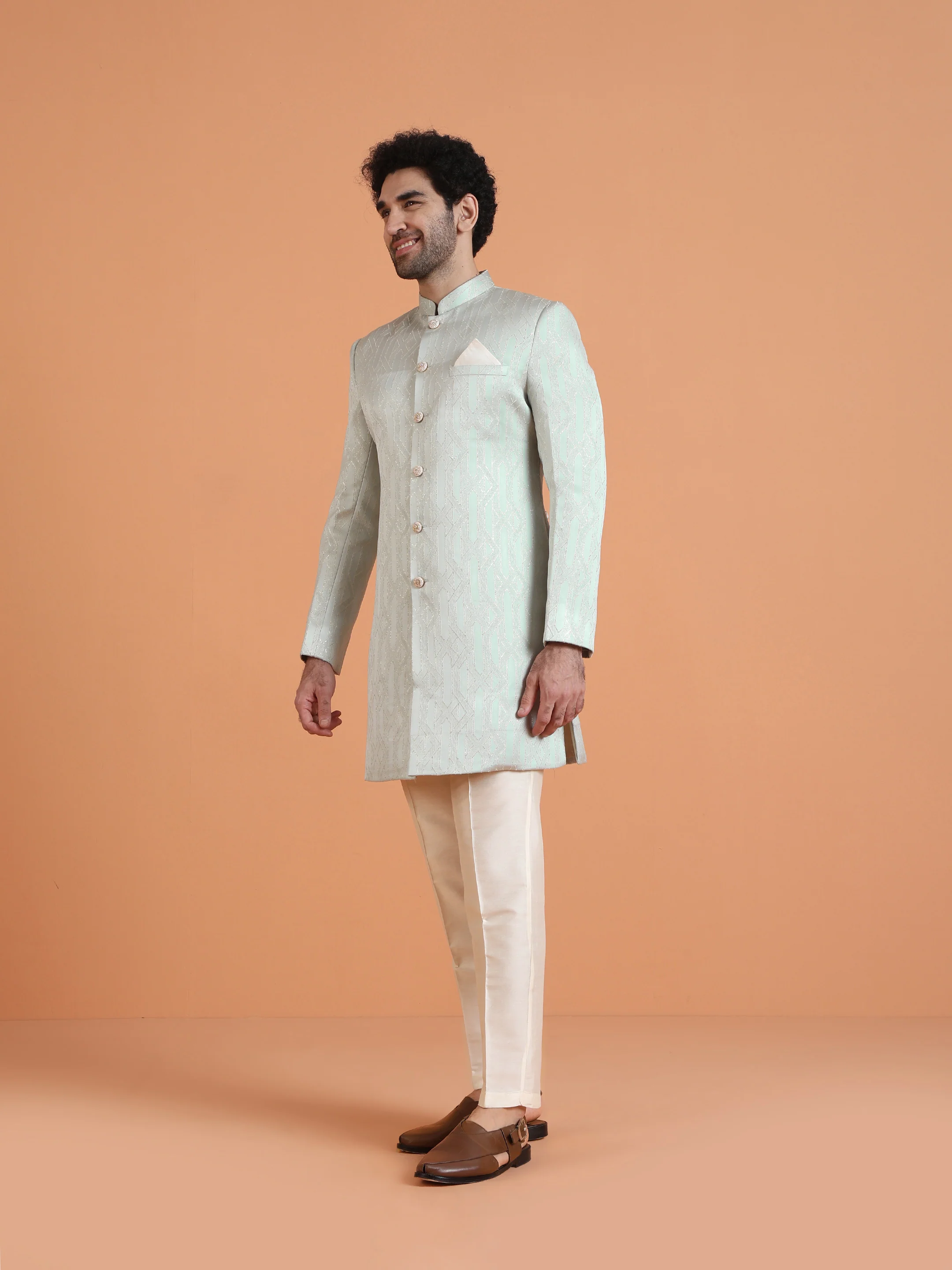 Mint Green Silk Blend Geometric Sherwani Jodhpuri Trouser Set - Image 2
