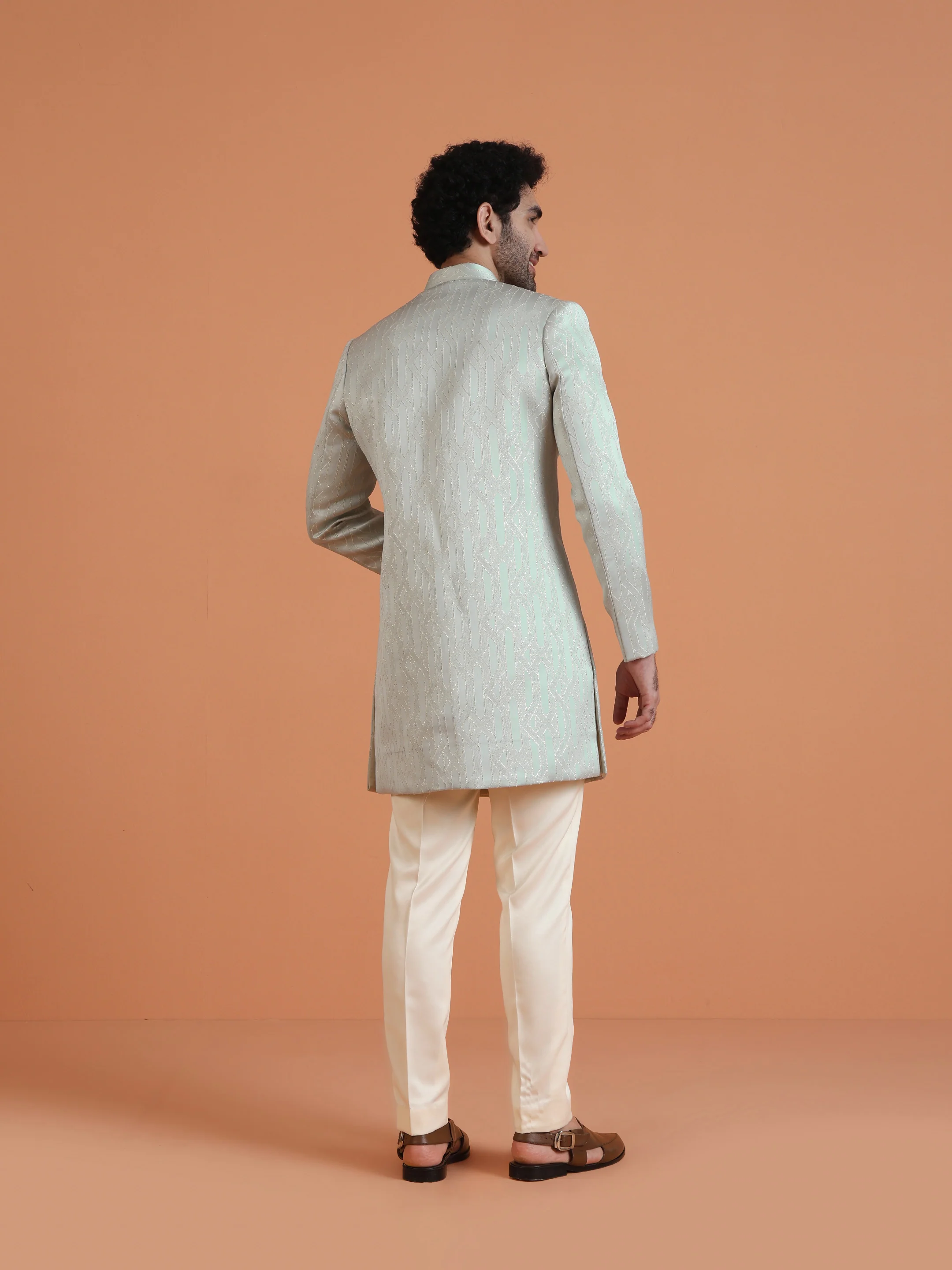 Mint Green Silk Blend Geometric Sherwani Jodhpuri Trouser Set - Image 3