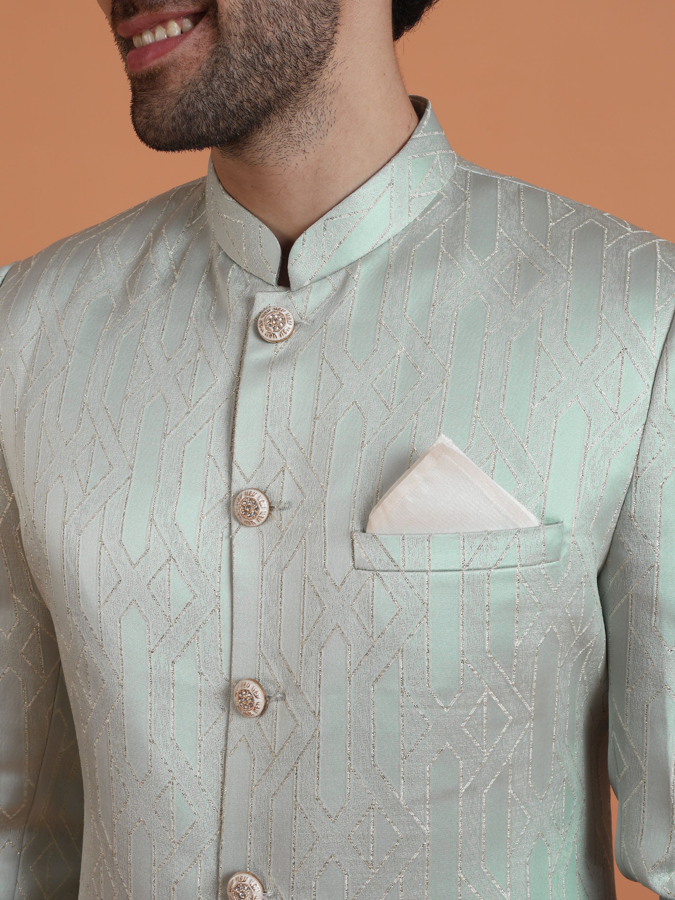 Mint Green Silk Blend Geometric Sherwani Jodhpuri Trouser Set - Image 4