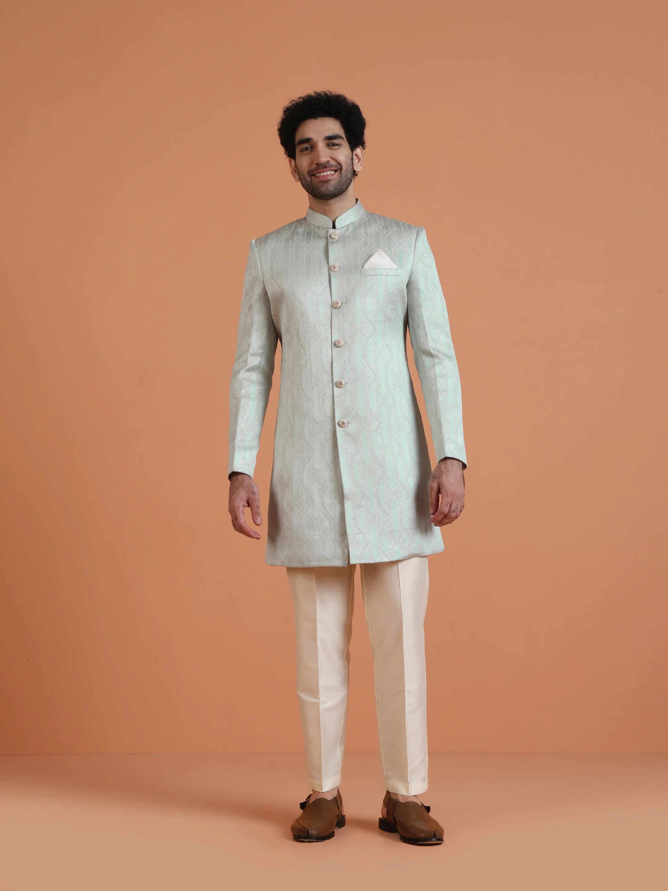 Mint Green Silk Blend Geometric Sherwani Jodhpuri Trouser Set - Image 6