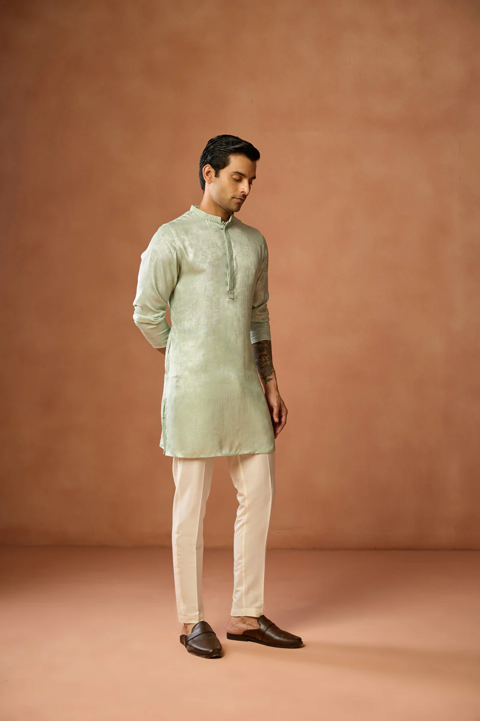 Mint Green Silk Blend Mid Kurta Trouser Set - Image 3