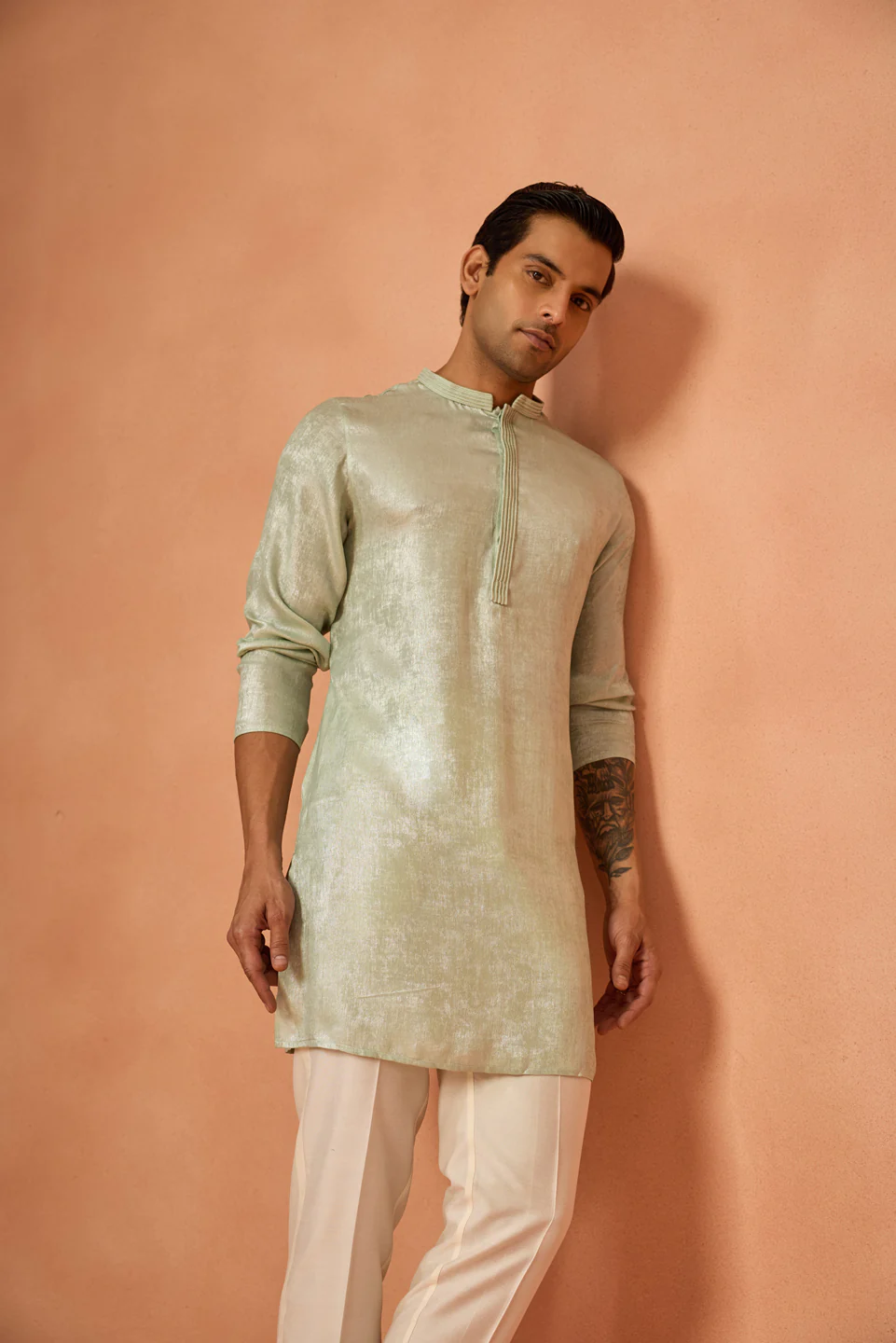 Mint Green Silk Blend Mid Kurta Trouser Set - Image 6
