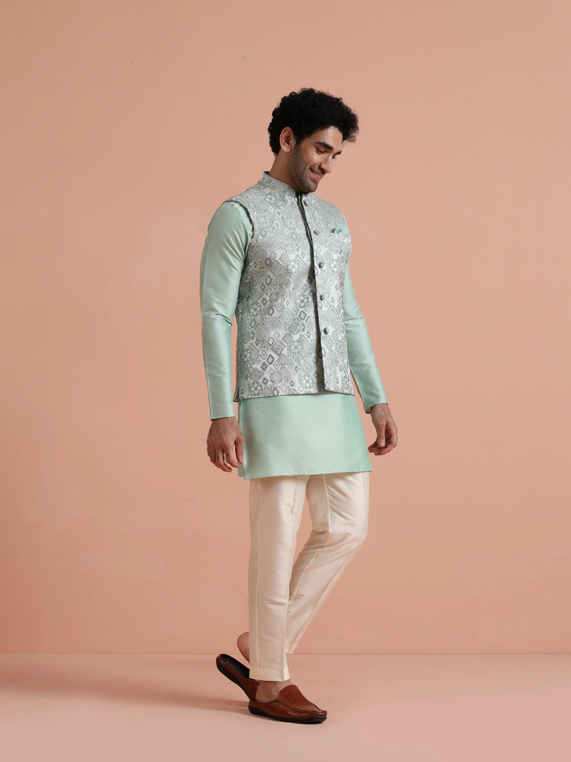 Mint Green Velvet Kurta Jacket Set - Image 2