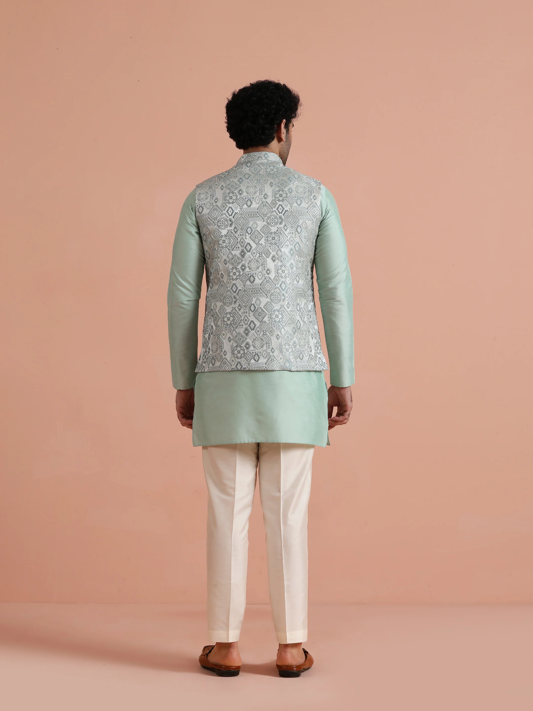 Mint Green Velvet Kurta Jacket Set - Image 4