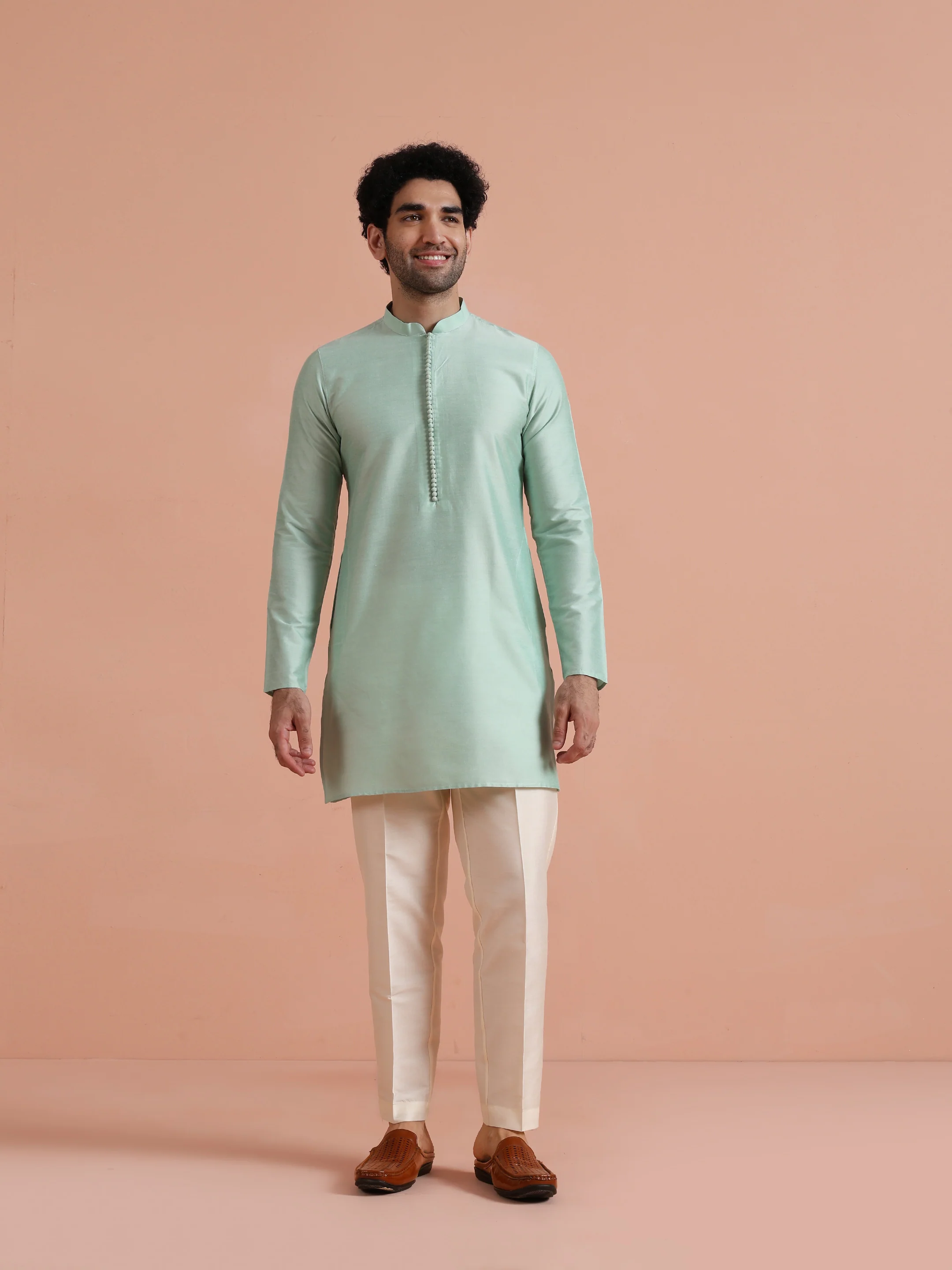 Mint Green Velvet Kurta Jacket Set - Image 7