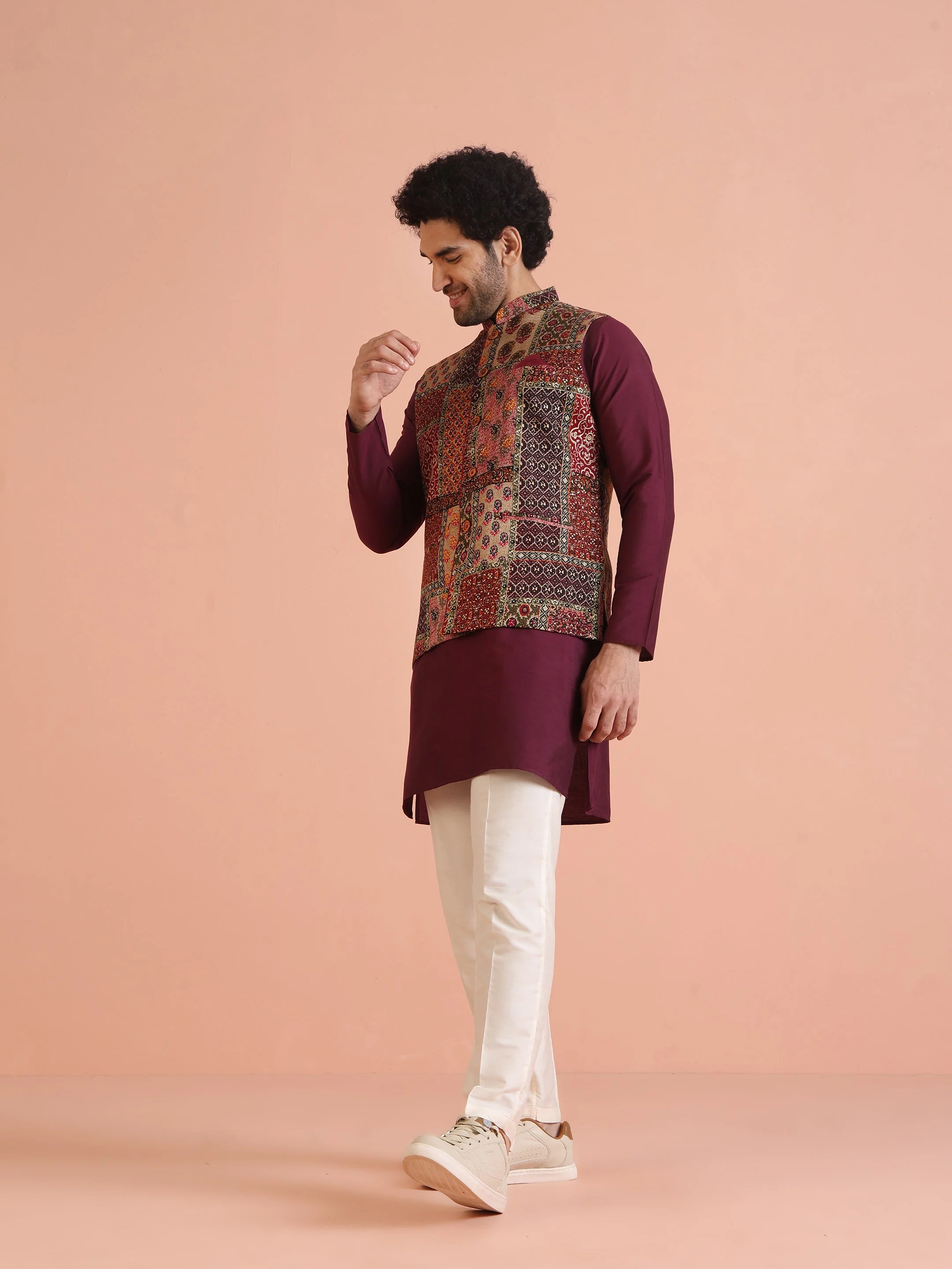 Multi Color Art Silk Printed Nehru Jacket Bundi - Image 3