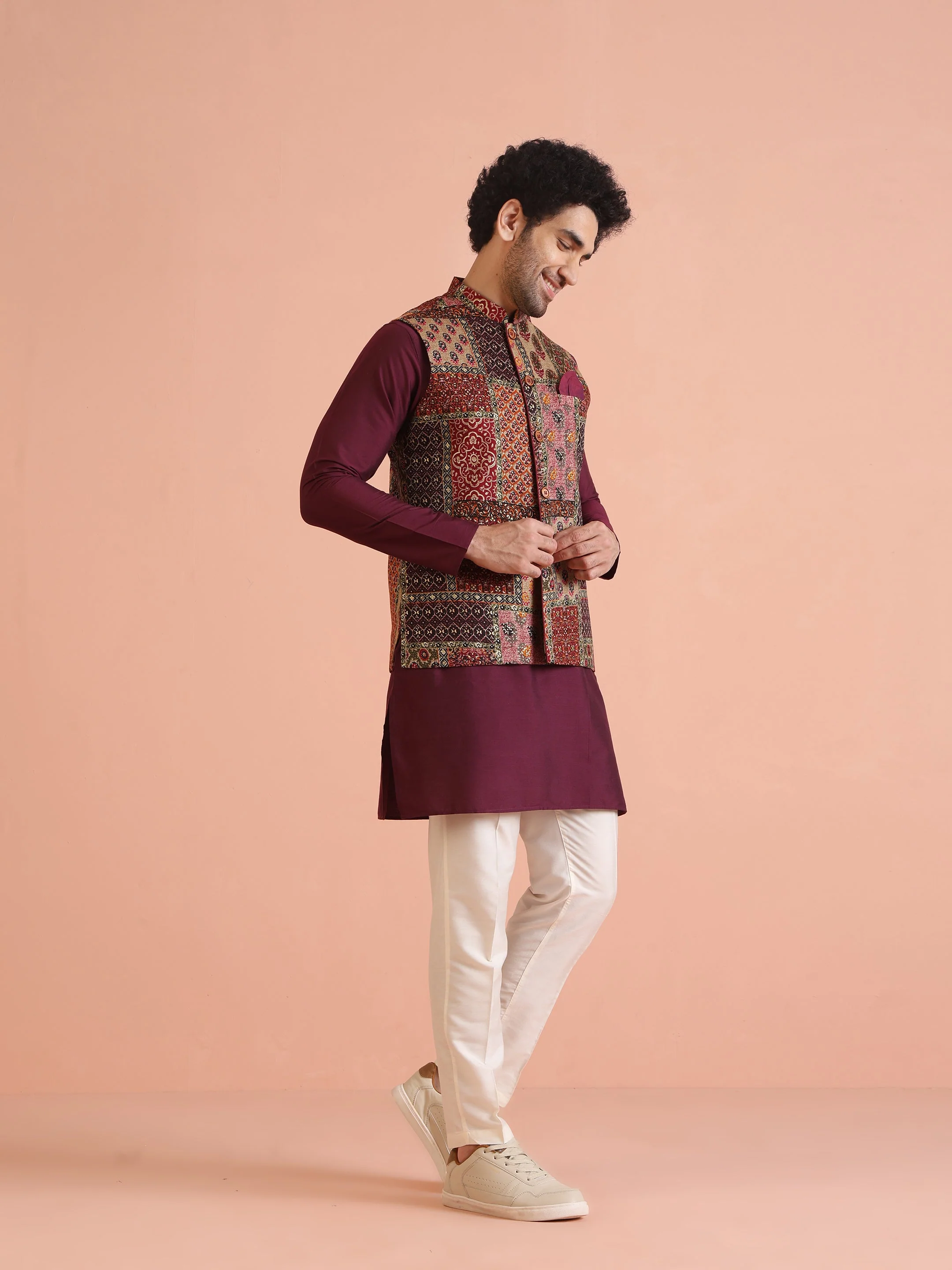 Multi Color Art Silk Printed Nehru Jacket Bundi - Image 4