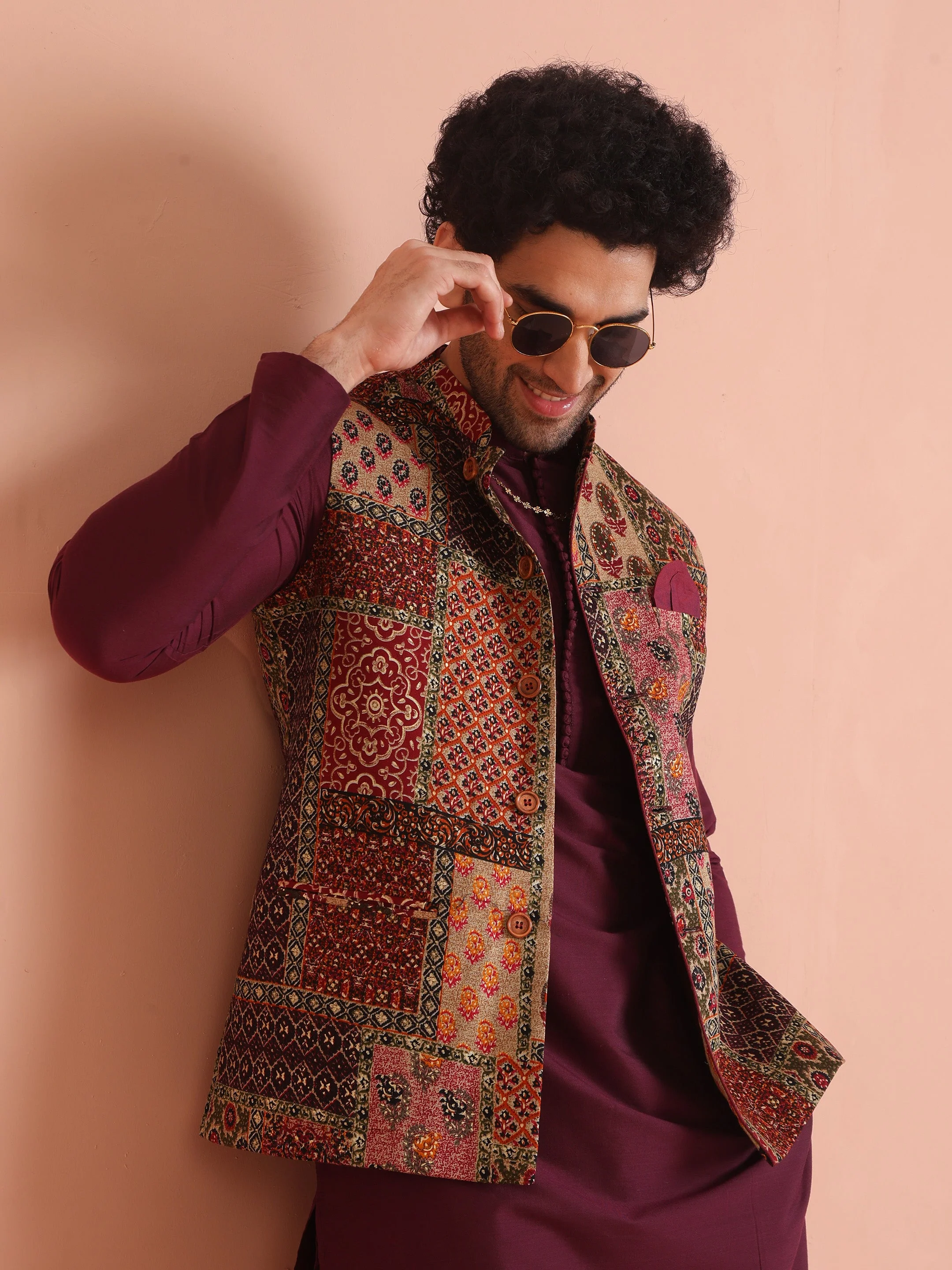Multi Color Art Silk Printed Nehru Jacket Bundi - Image 7
