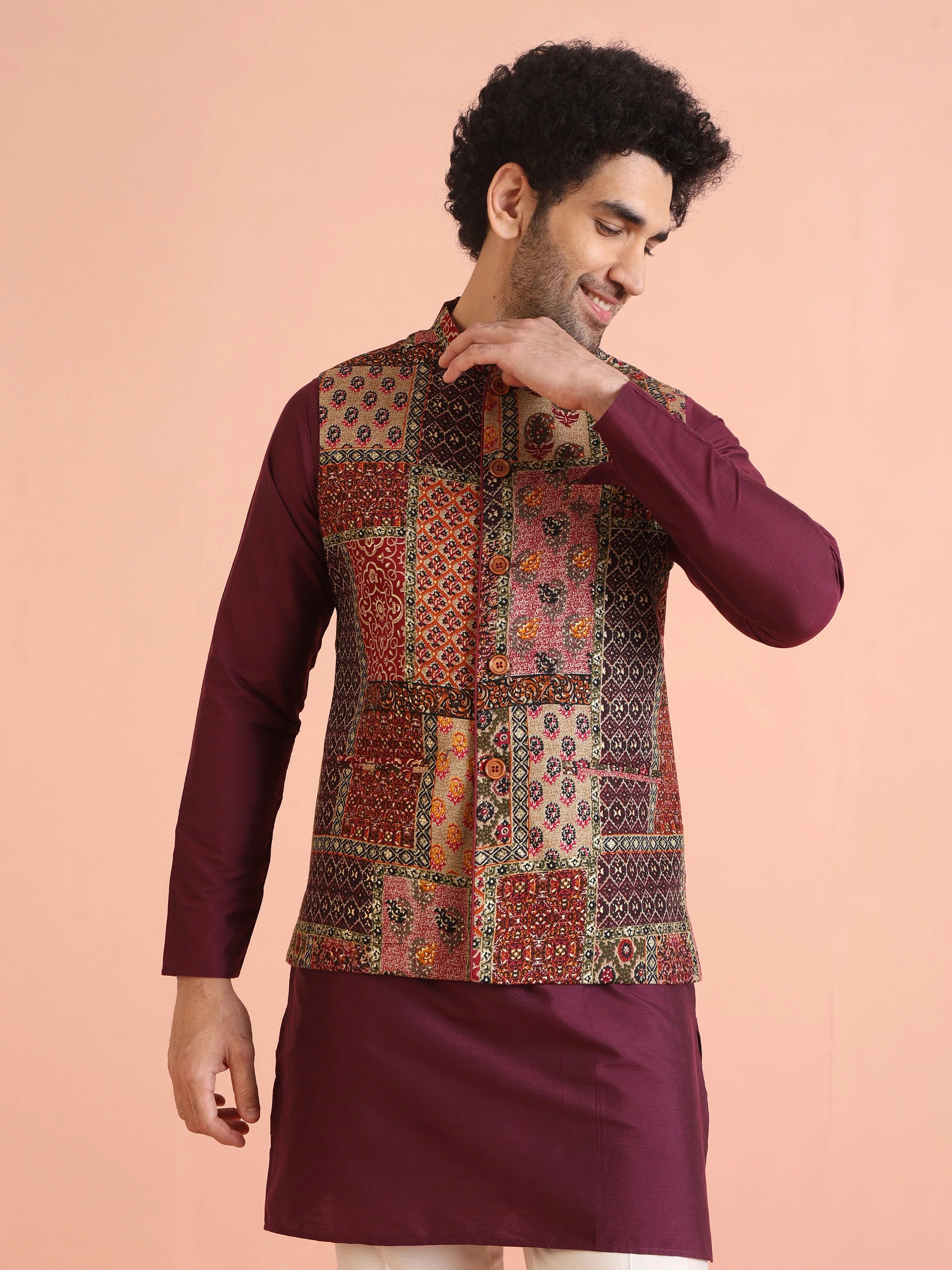 Multi Color Art Silk Printed Nehru Jacket Bundi - Image 8