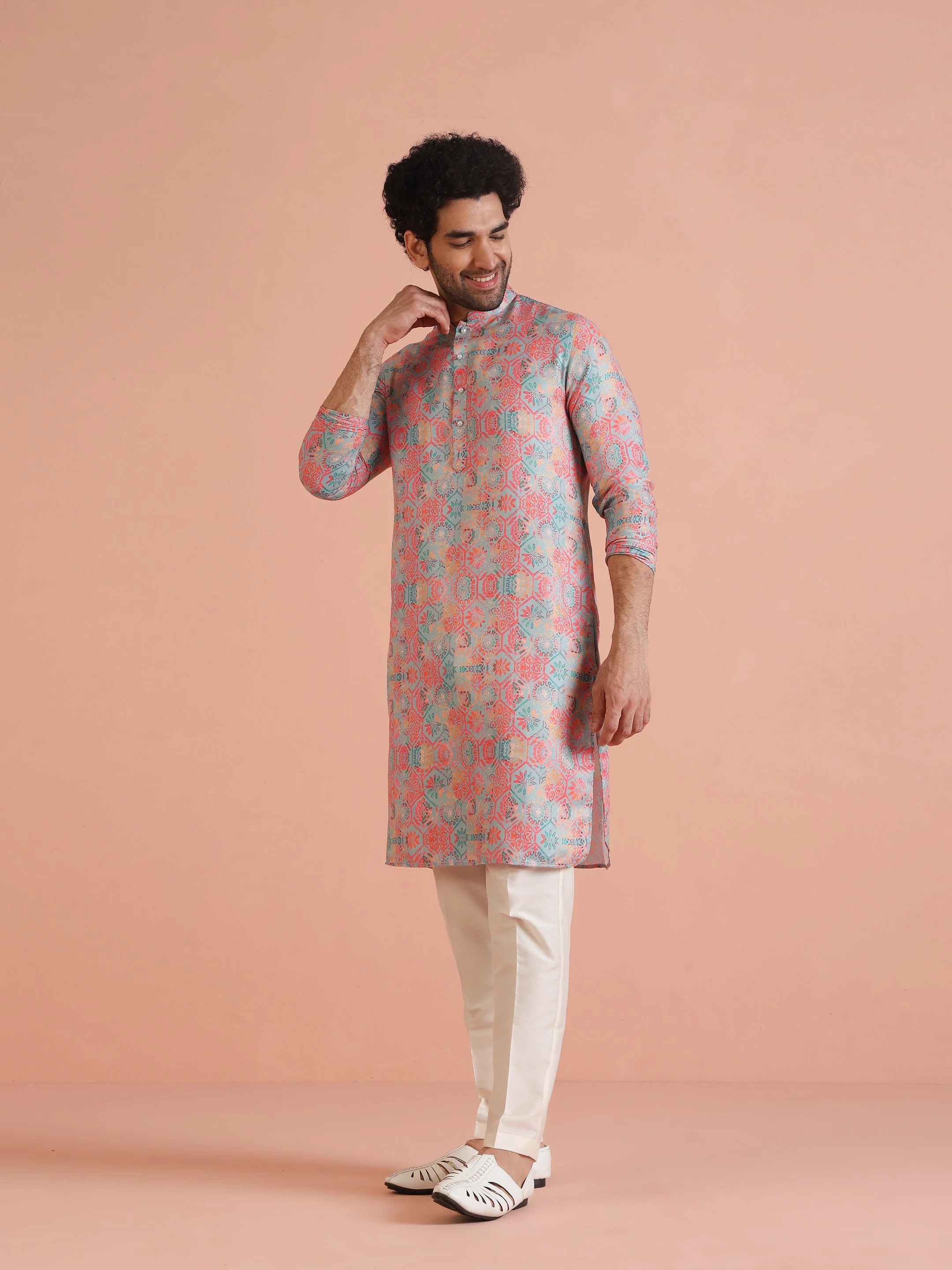 Multi Color Silk Blend Printed Kurta White Trouser - Image 2