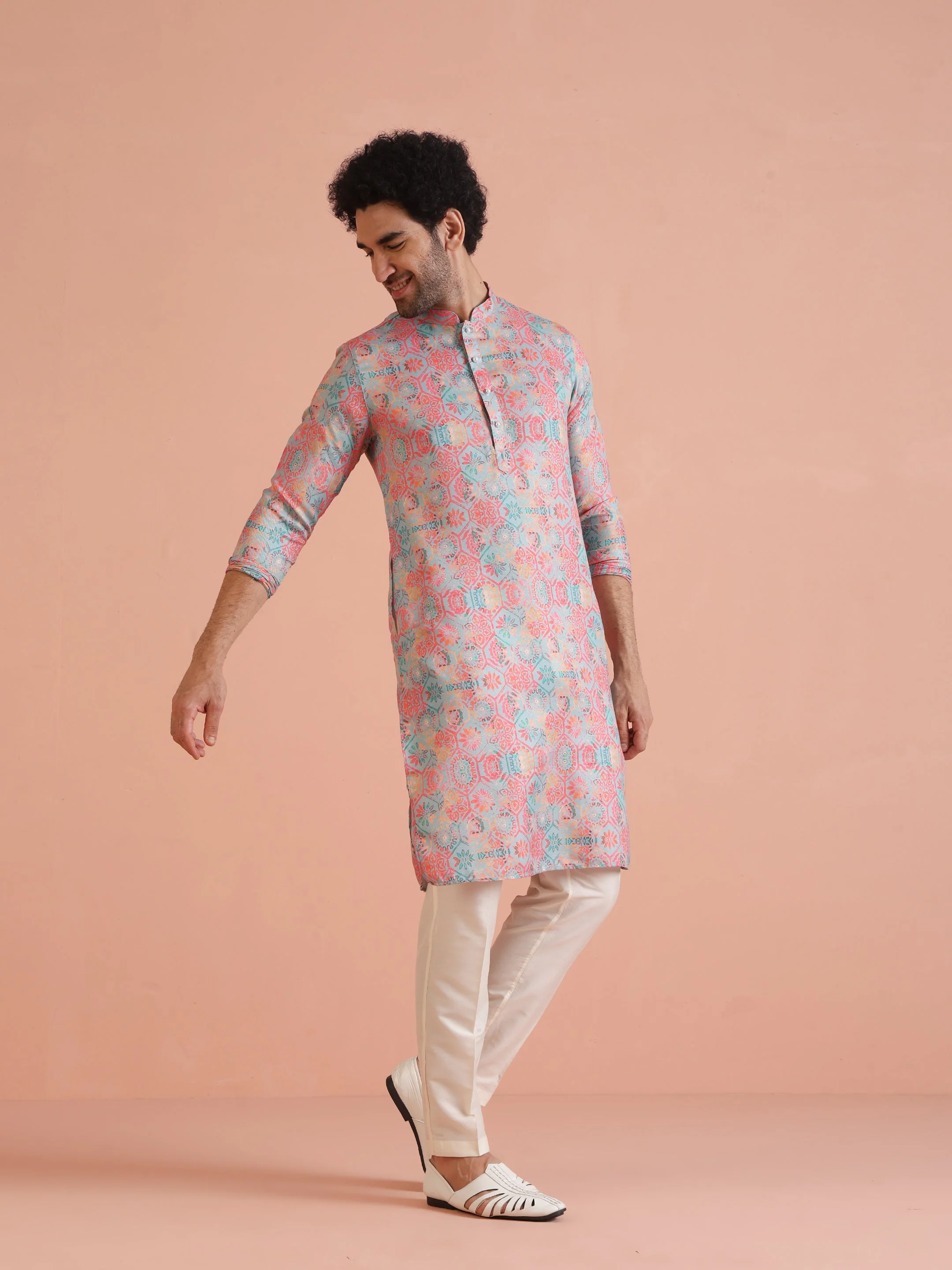 Multi Color Silk Blend Printed Kurta White Trouser - Image 3