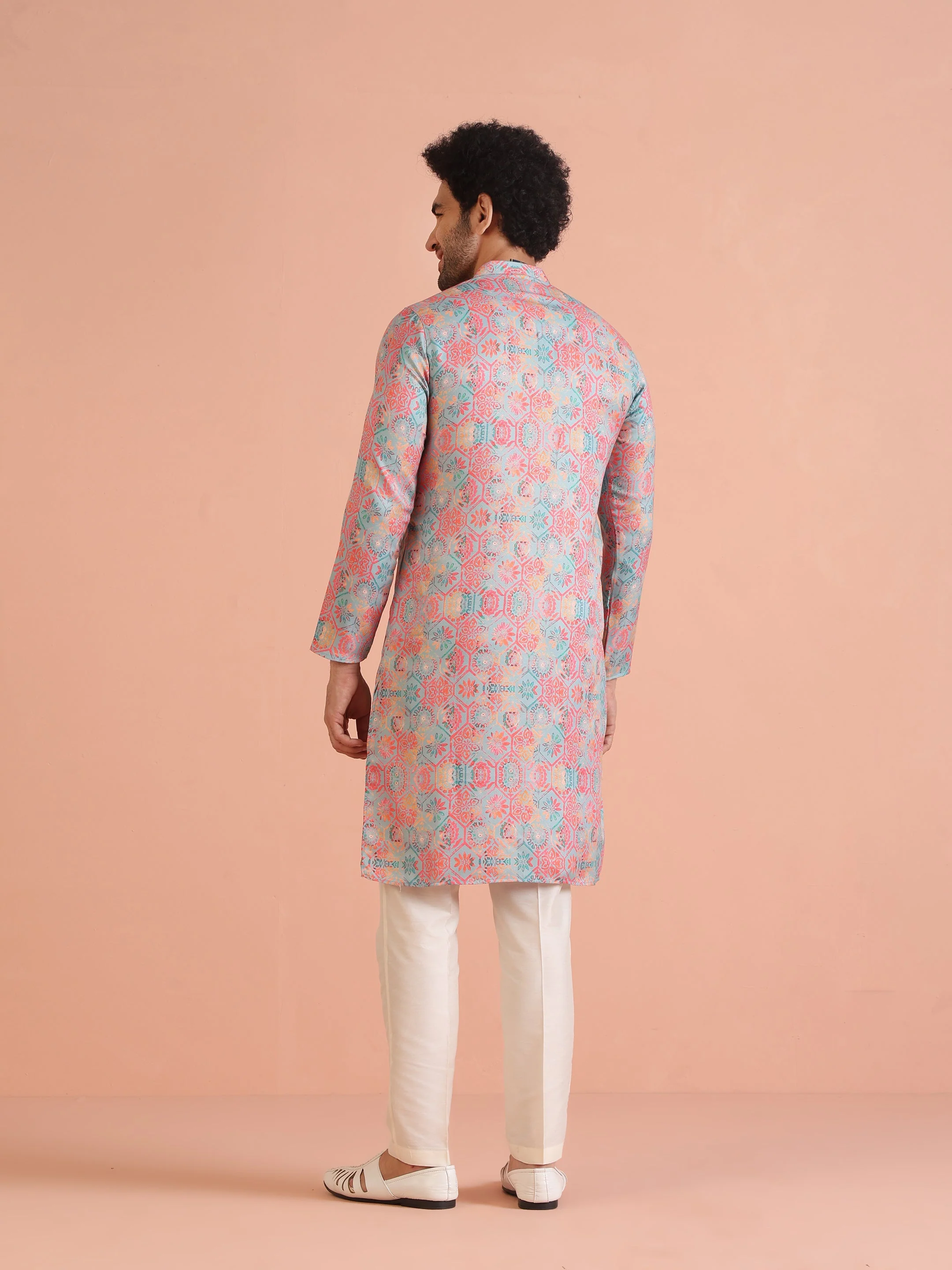 Multi Color Silk Blend Printed Kurta White Trouser - Image 4