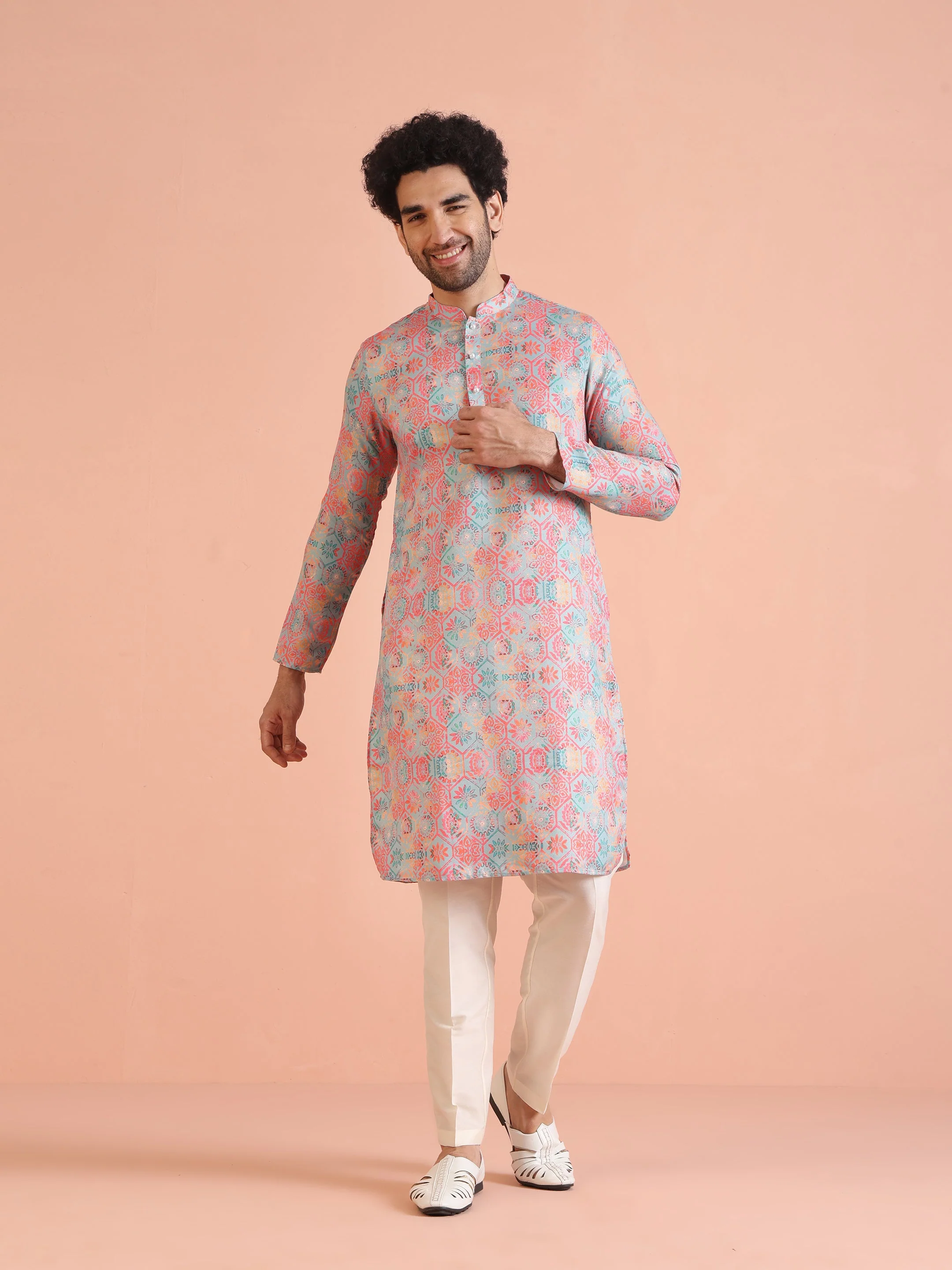 Multi Color Silk Blend Printed Kurta White Trouser - Image 8