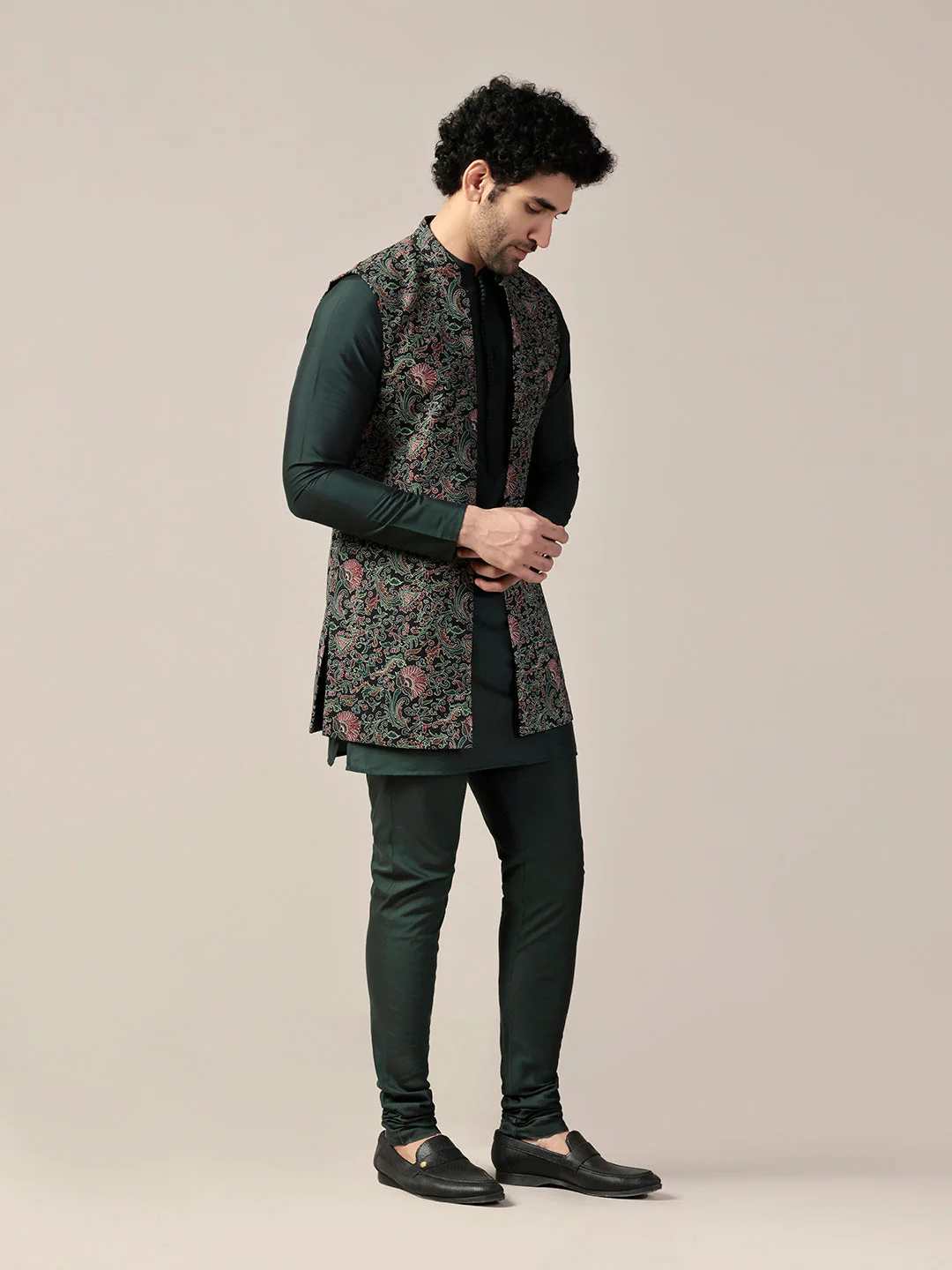 Multi Color Silk Blend Printed Nehru Jacket Set - Image 2