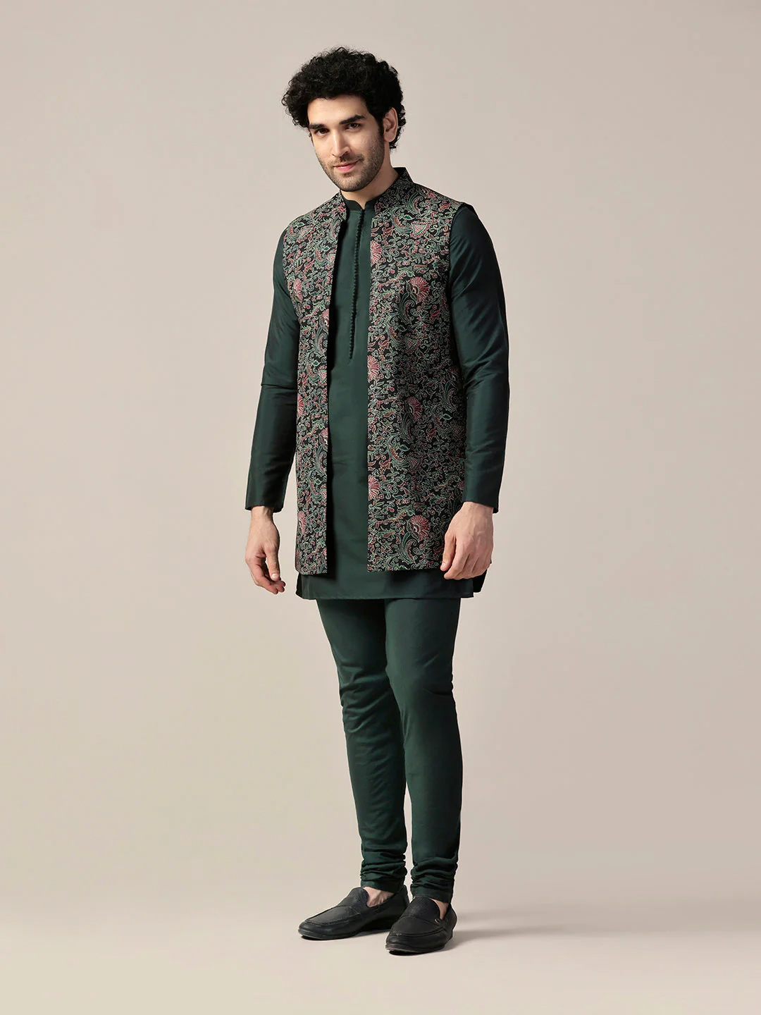 Multi Color Silk Blend Printed Nehru Jacket Set - Image 3