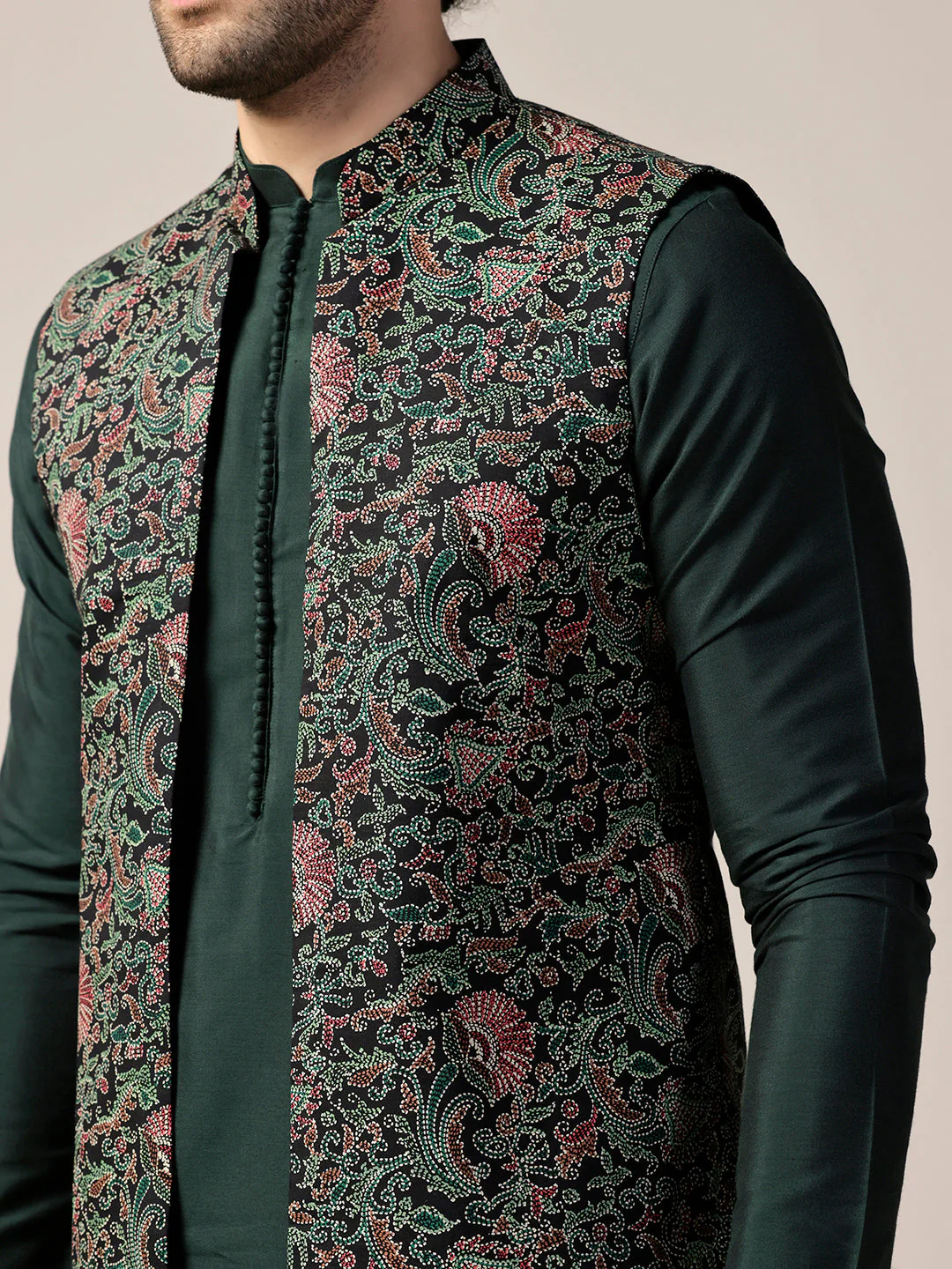 Multi Color Silk Blend Printed Nehru Jacket Set - Image 5