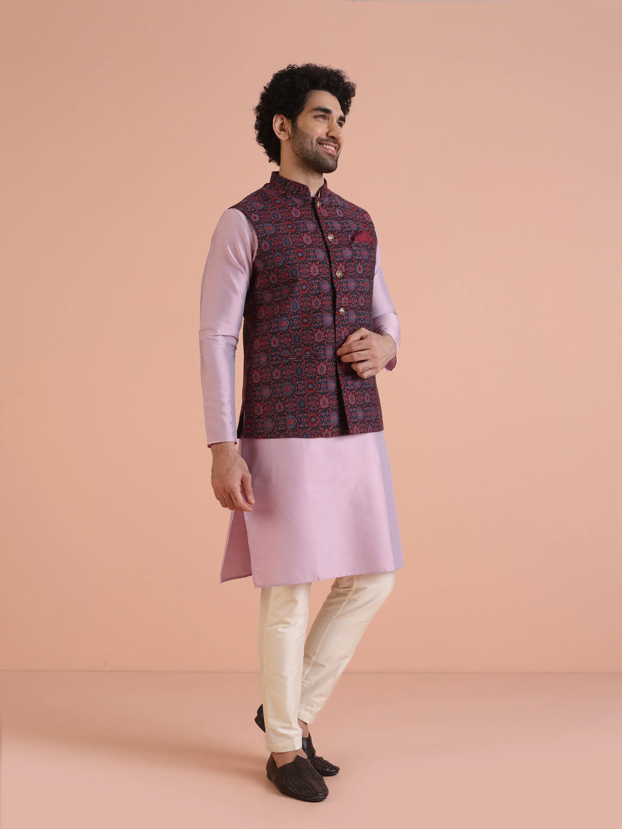 Multi-Coloured Textured Nehru Jacket Kurta Trouser - Image 2