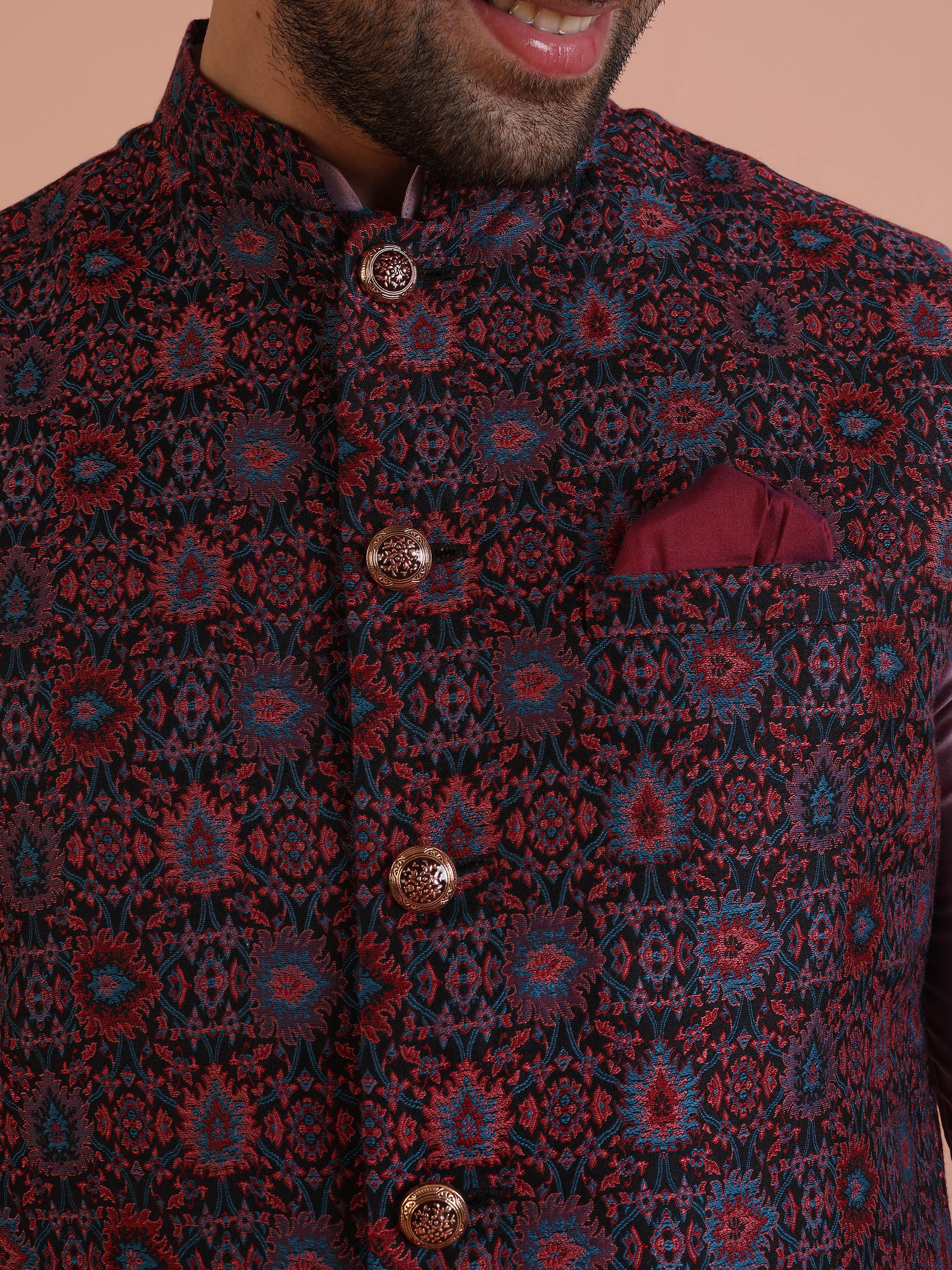 Multi-Coloured Textured Nehru Jacket Kurta Trouser - Image 6