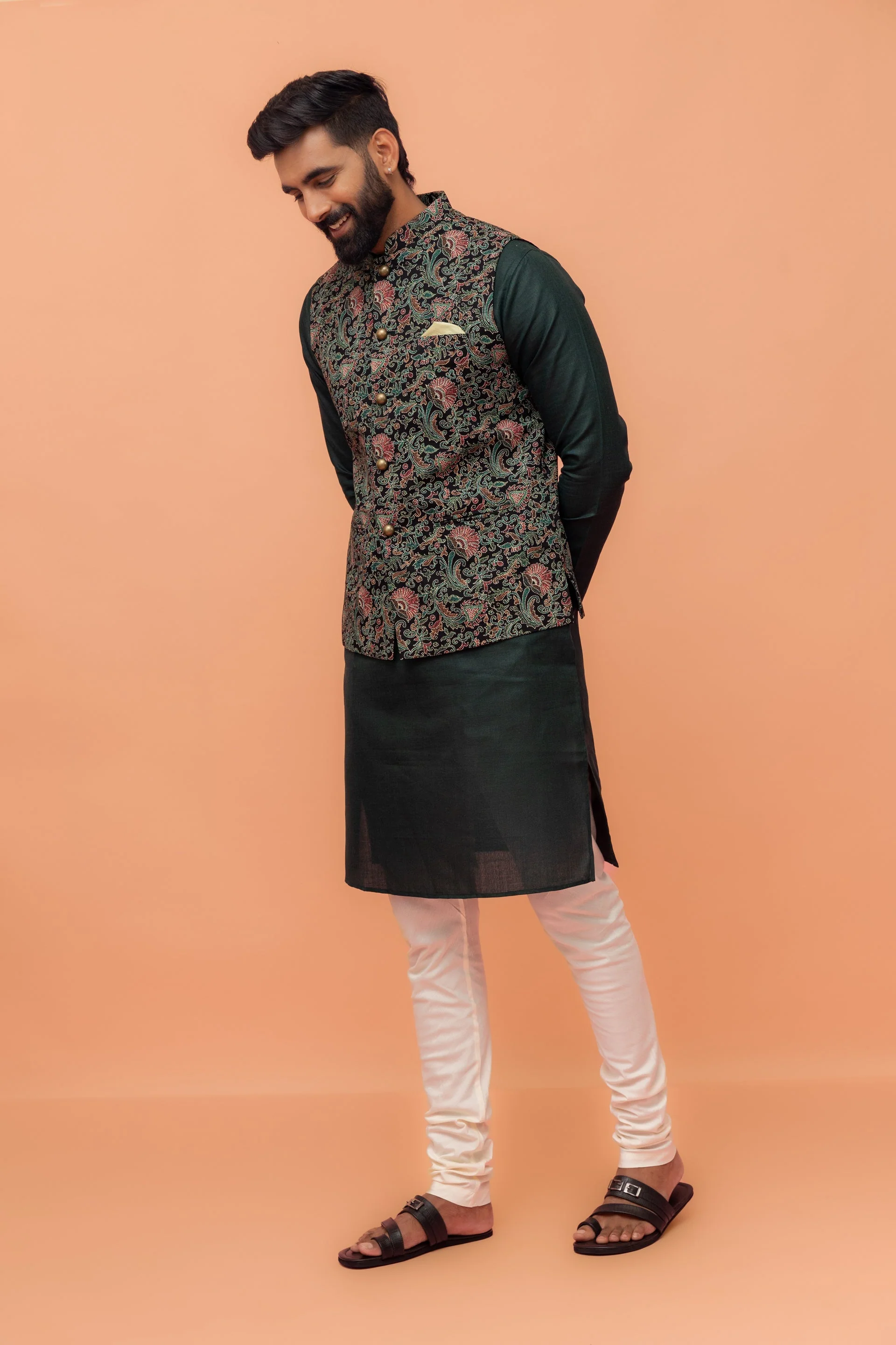 Multicolor Art Silk Embroidered Nehru Jacket with Kurta Churidar - Image 2