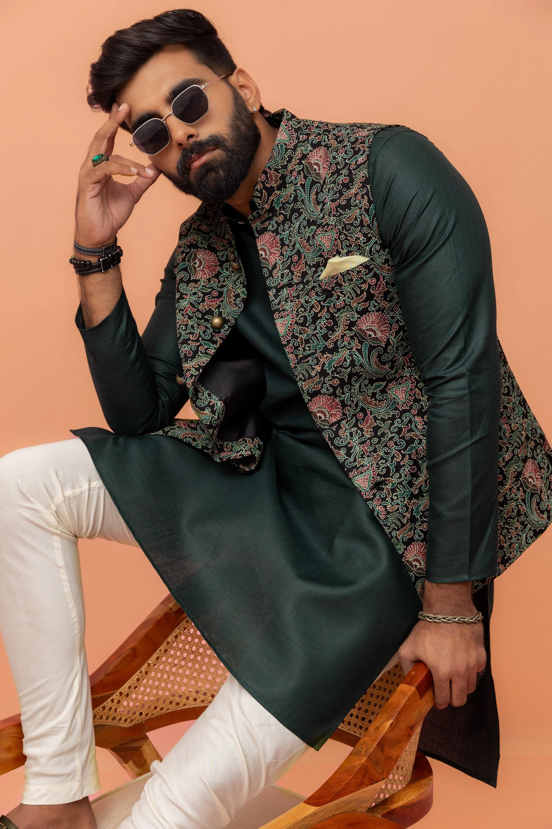 Multicolor Art Silk Embroidered Nehru Jacket with Kurta Churidar - Image 7