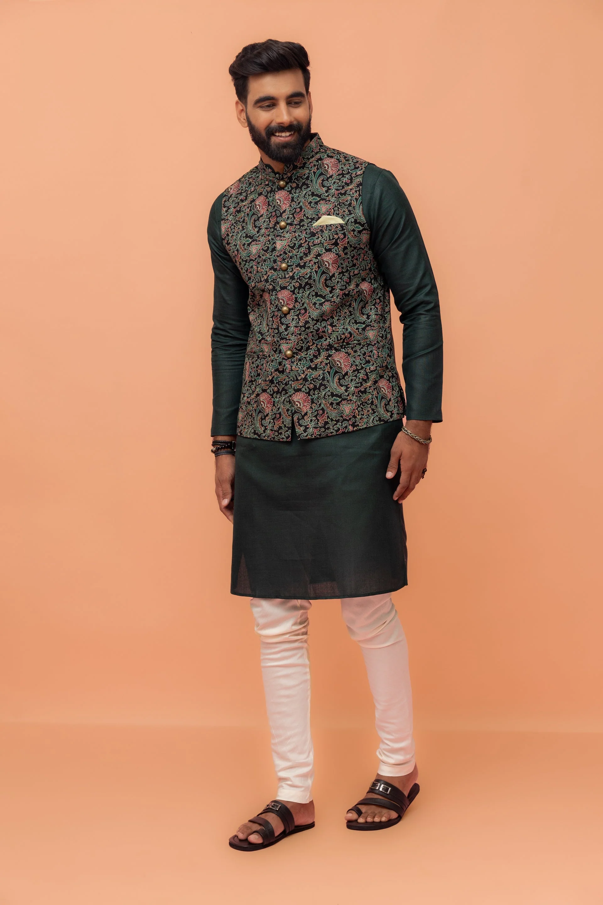 Multicolor Art Silk Embroidered Nehru Jacket with Kurta Churidar - Image 8